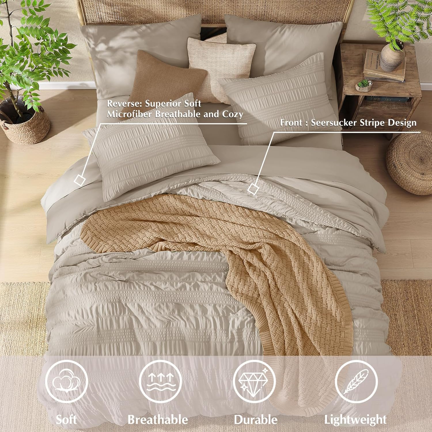 CASAAGUSTO Queen Comforter Set, 7 Pieces Oatmeal Seersucker Bed in a Bag Queen Size Soft All Seasons, Bedding Sets with Comforter, Flat Sheet, Fitted Sheet, 2 Pillow Shams, 2 Pillowcases - Image 6