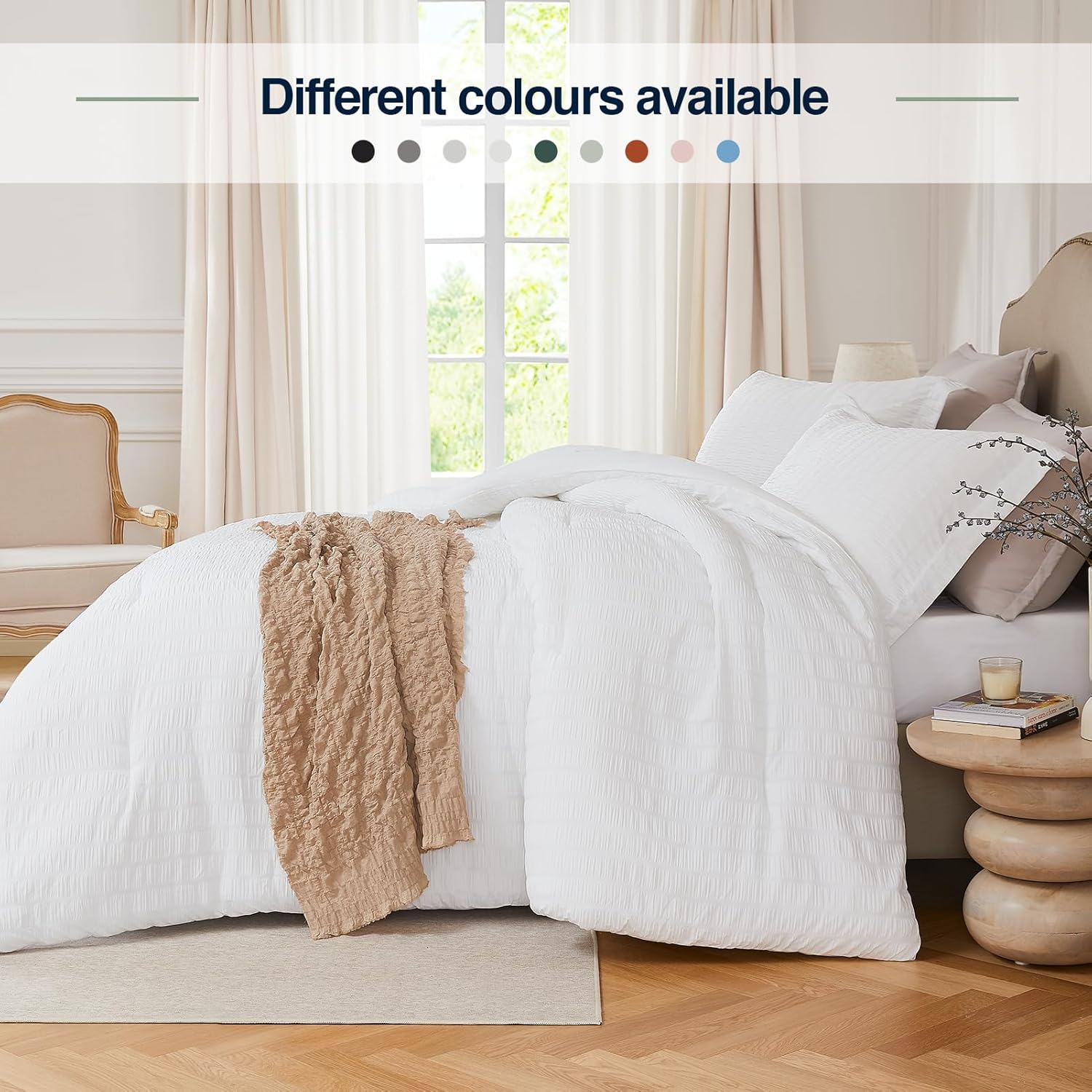 White Queen Comforter Set - 3 Pieces Seersucker Lightweight Bedding Comforter Sets (1 Soft Fluffy Comforter & 2 Pillowcases) - All Seasons Cozy Modern Bed Sets - Image 3