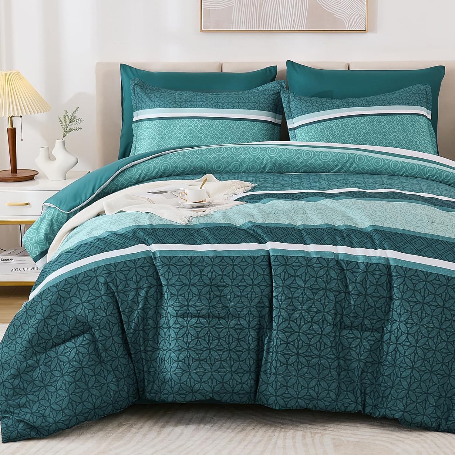 WONGS BEDDING 7 Pieces Comforter Set King Size, Brown Striped Bed in a Bag Comforter and Sheet Set, Bohemian Soft Lightweight Micorfiber Bedding Set for All Season (90"×104") - Image 14