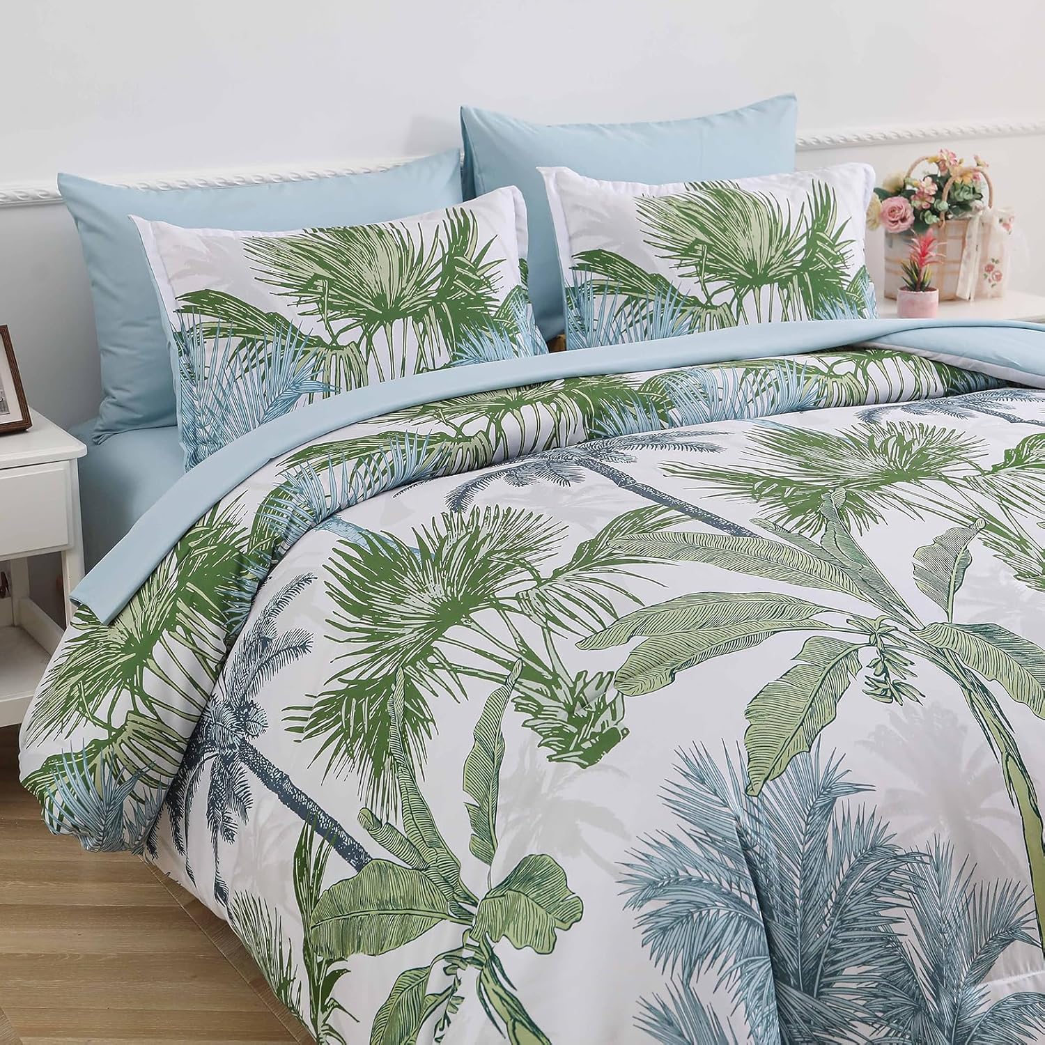 WONGS BEDDING Botanical Comforter Set Queen, 7 Pieces Blue Palm Tree Bed in a Bag, Reversiable Soft Microfiber Coastal Beach Bedding with Comforter, Flat Sheet, Fitted Sheet, Pillow Shams Pillowcases - Image 4