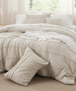 Bedsure Beige Oversized King Size Comforter Set - 4 Pieces Pinch Pleat Bed Set, Down Alternative Bedding Sets for All Season, 1 Comforter, 2 Pillowcases, 1 Decorative Pillow