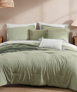 Monbix Queen Comforter Set - 7 Pieces Olive Green Prewashed Bed in a Bag Queen Bedding Sets with Comforters, All Seasons Ultra Soft Comforter Bed Set with Sheets,Pillowcases & Shams