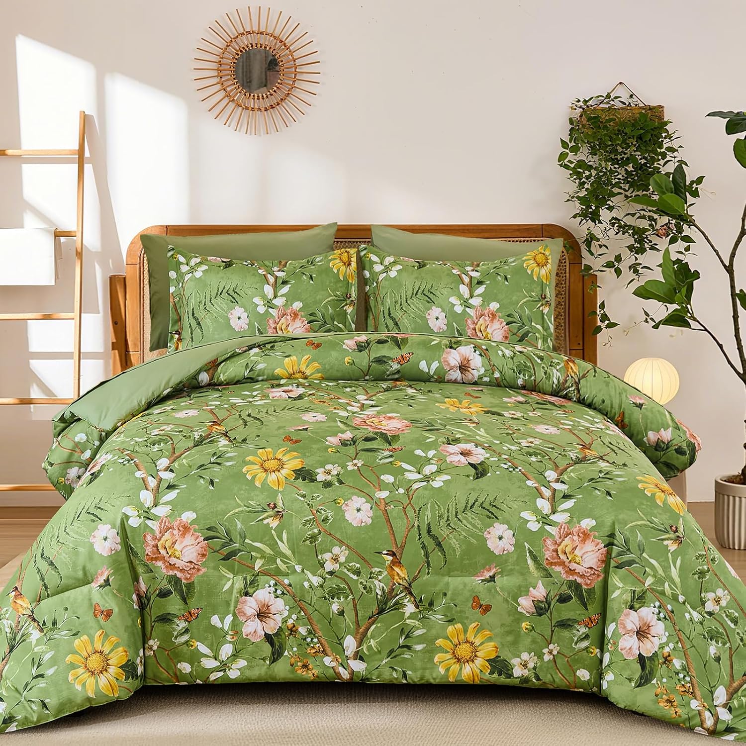 Yiran Queen Comforter Set 7 Piece, Dark Green Floral Bedding Set, Bed in a Bag Queen with Botanical Flowers Patterns, Soft Microfiber Complete Bedding Set with Sheets for All Season - Image 18