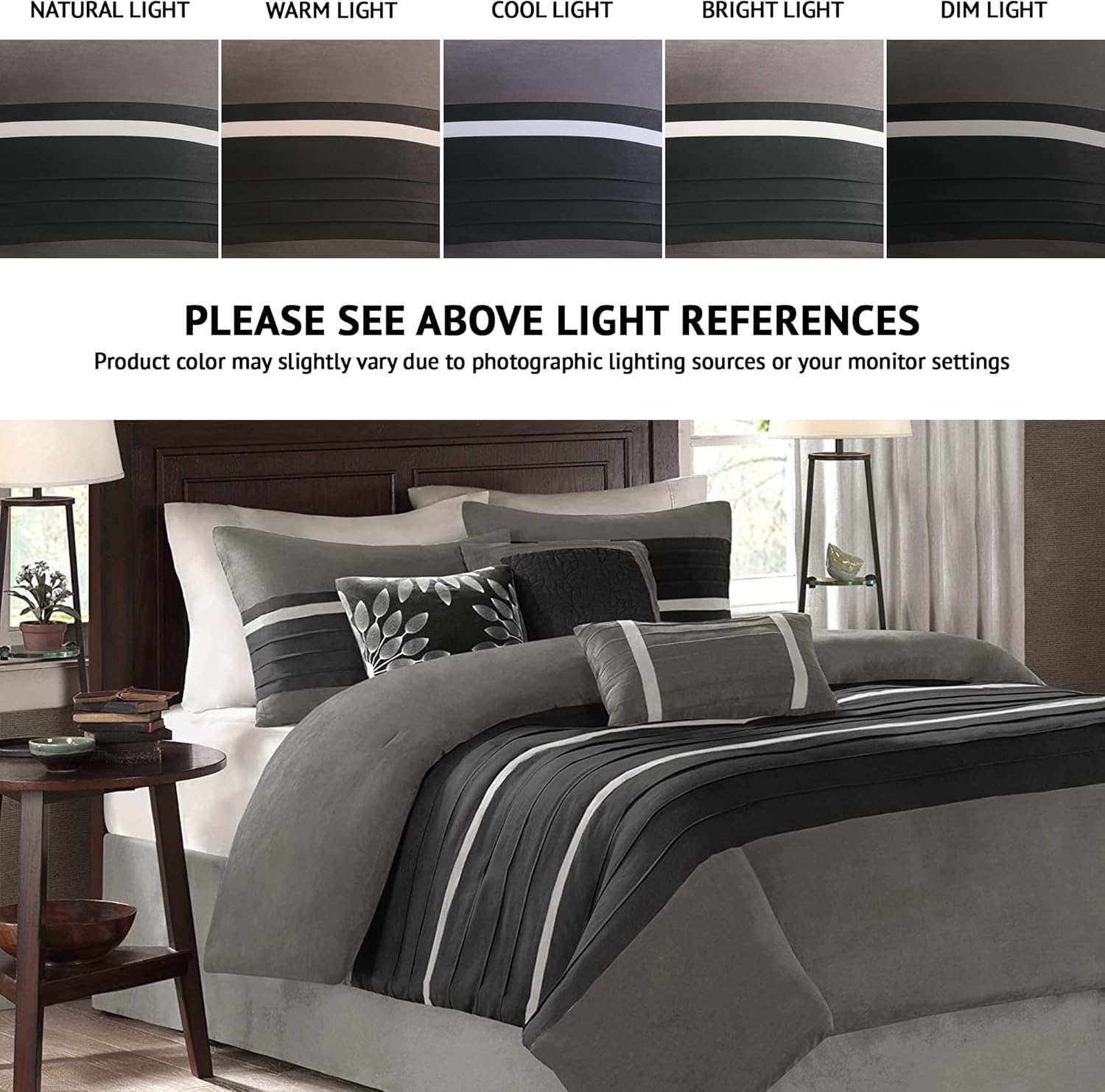 Madison Park - Palmer 7 Piece Comforter Set - Black and Gray - California King - Pieced Microsuede - Includes 1 Comforter, 3 Decorative Pillows, 1 Bed Skirt, 2 Shams - Image 2