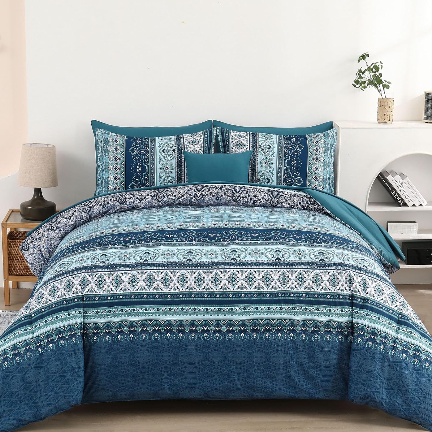 Cottolester Boho Comforter Set Full Size 8 Piece Bed in a Bag Bohemian Striped Bedding Quilt Set Aqua Paisley Floral Comforter and Sheet Set,Soft Microfiber Complete Bedding Sets for All Season - Image 17