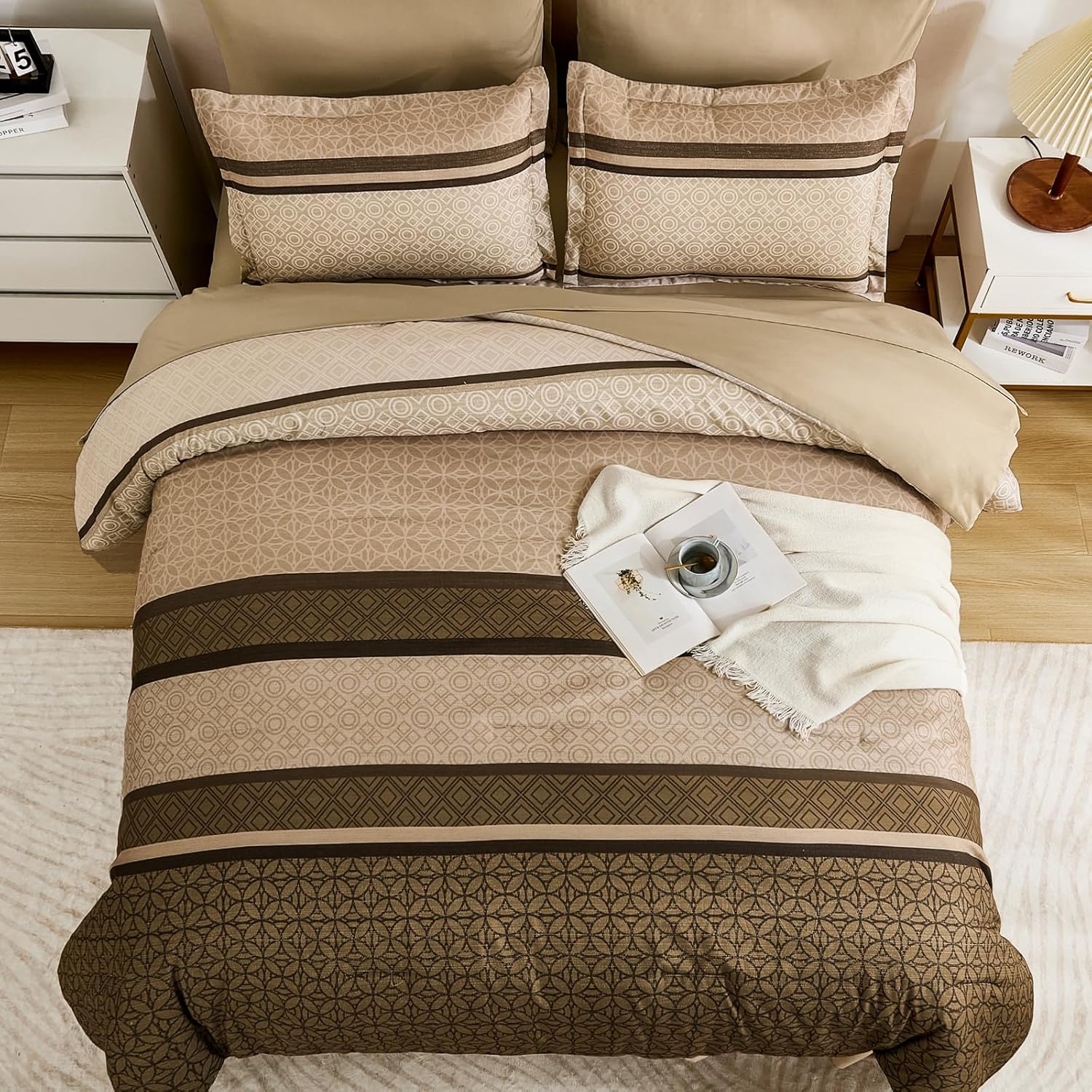 WONGS BEDDING 7 Pieces Comforter Set King Size, Brown Striped Bed in a Bag Comforter and Sheet Set, Bohemian Soft Lightweight Micorfiber Bedding Set for All Season (90"×104") - Image 4