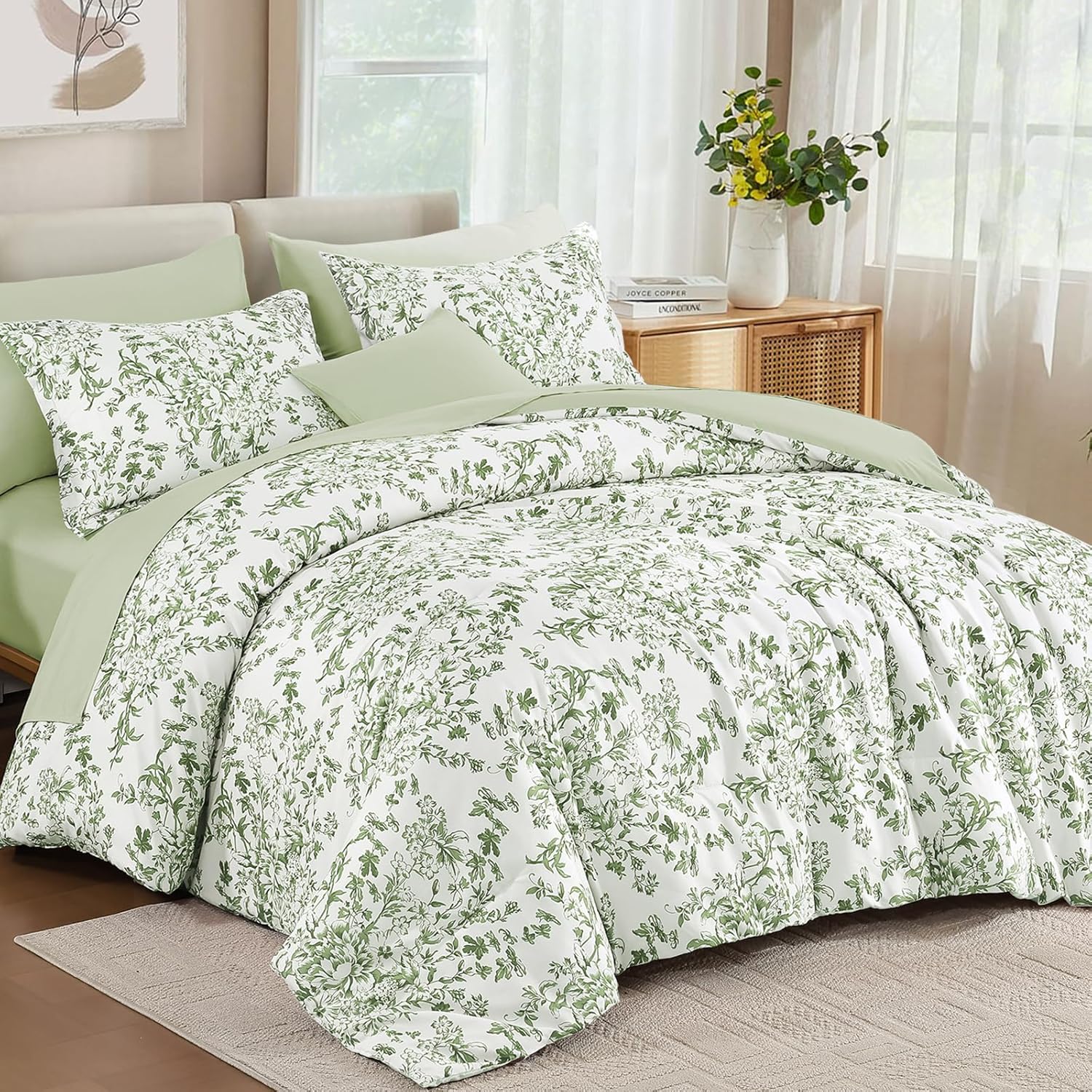 WONGS BEDDING 8 Pieces Queen Size Comforter Set Green, Sage Green Floral Bed in a Bag Comforter Sets, Soft Reversible Botanical Flowers Bedding Sets for All Season (90"x90") - Image 2