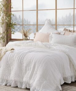 JOLLYVOGUE Queen Comforter Set, 3 Pieces White Seersucker Comforters Queen Size, Lightweight & Fluffy Bedding Sets Queen for All Season with 1 Ruffle Comforter and 2 Ruffle Pillowshams