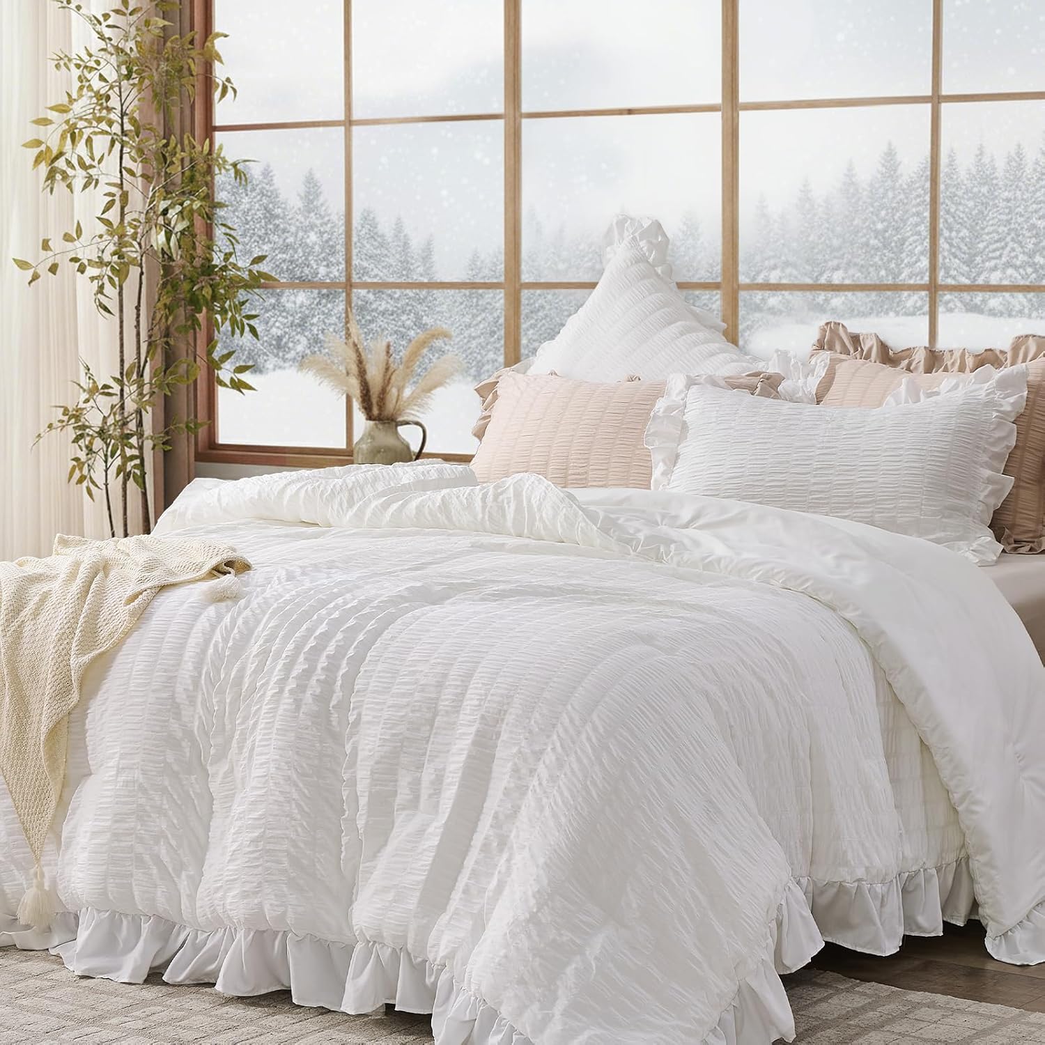 JOLLYVOGUE Queen Comforter Set, 3 Pieces White Seersucker Comforters Queen Size, Lightweight & Fluffy Bedding Sets Queen for All Season with 1 Ruffle Comforter and 2 Ruffle Pillowshams