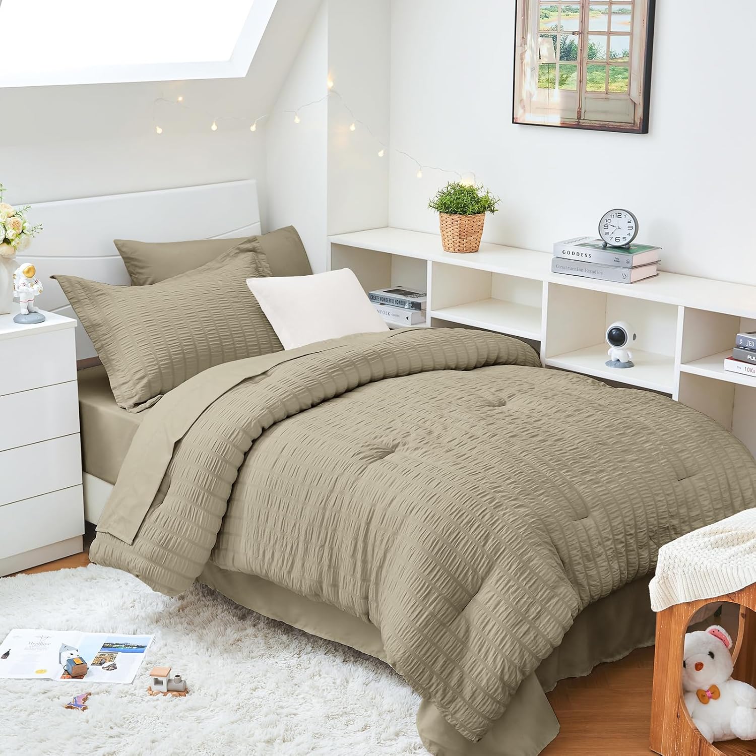 HYMOKEGE Queen Comforter Set Seersucker 7 Pieces, All Season Luxury Bed in a Bag for Bedroom, Bedding Set with Comforters, Sheets, Pillowcases & Shams, Dark Grey - Image 37