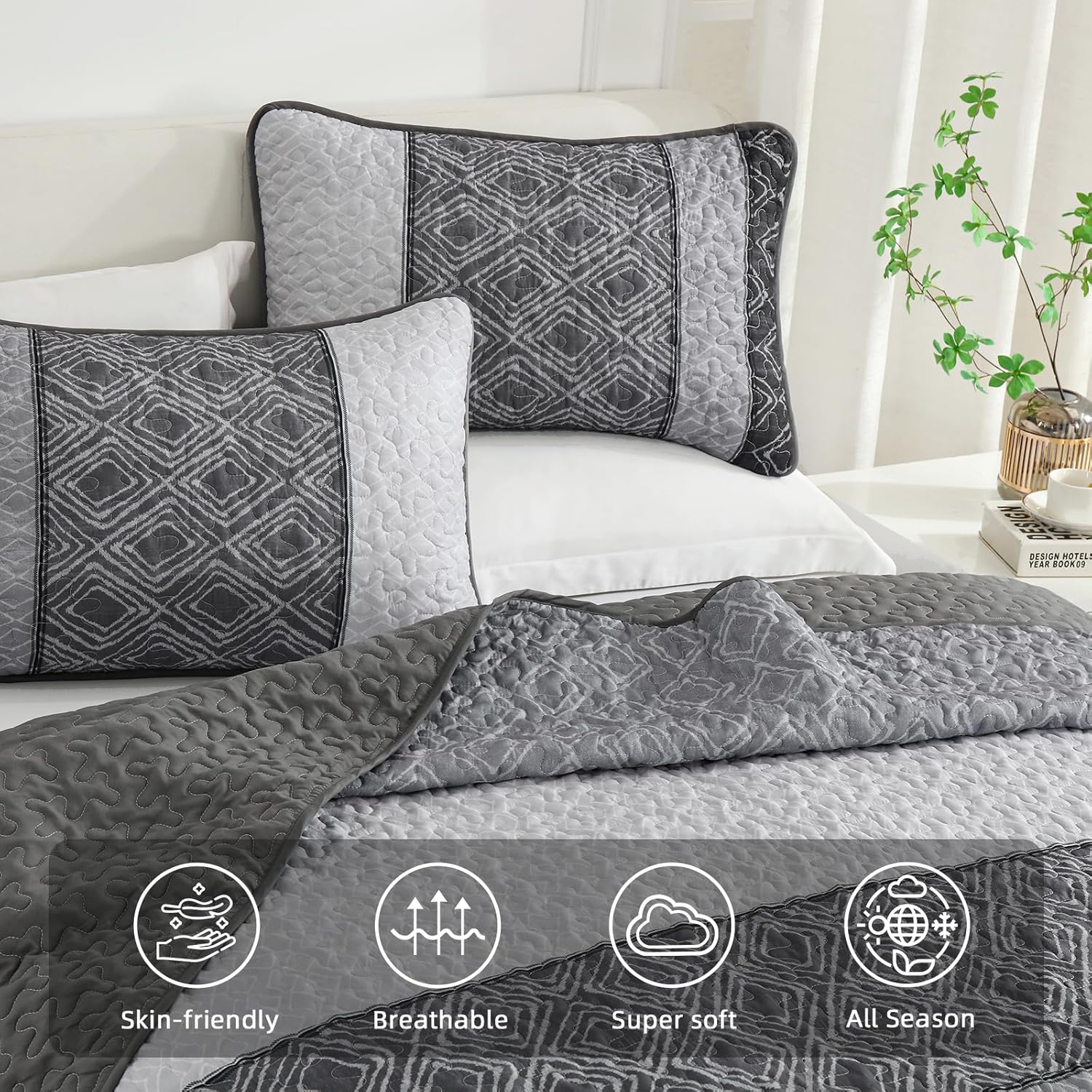 Cottolester Boho Quilt Set King Size 3 Pieces,Grey Striped Plaid Bedspread,Soft Microfiber Bedding Set with 2 Pillow Shams 110"x90" - Image 3