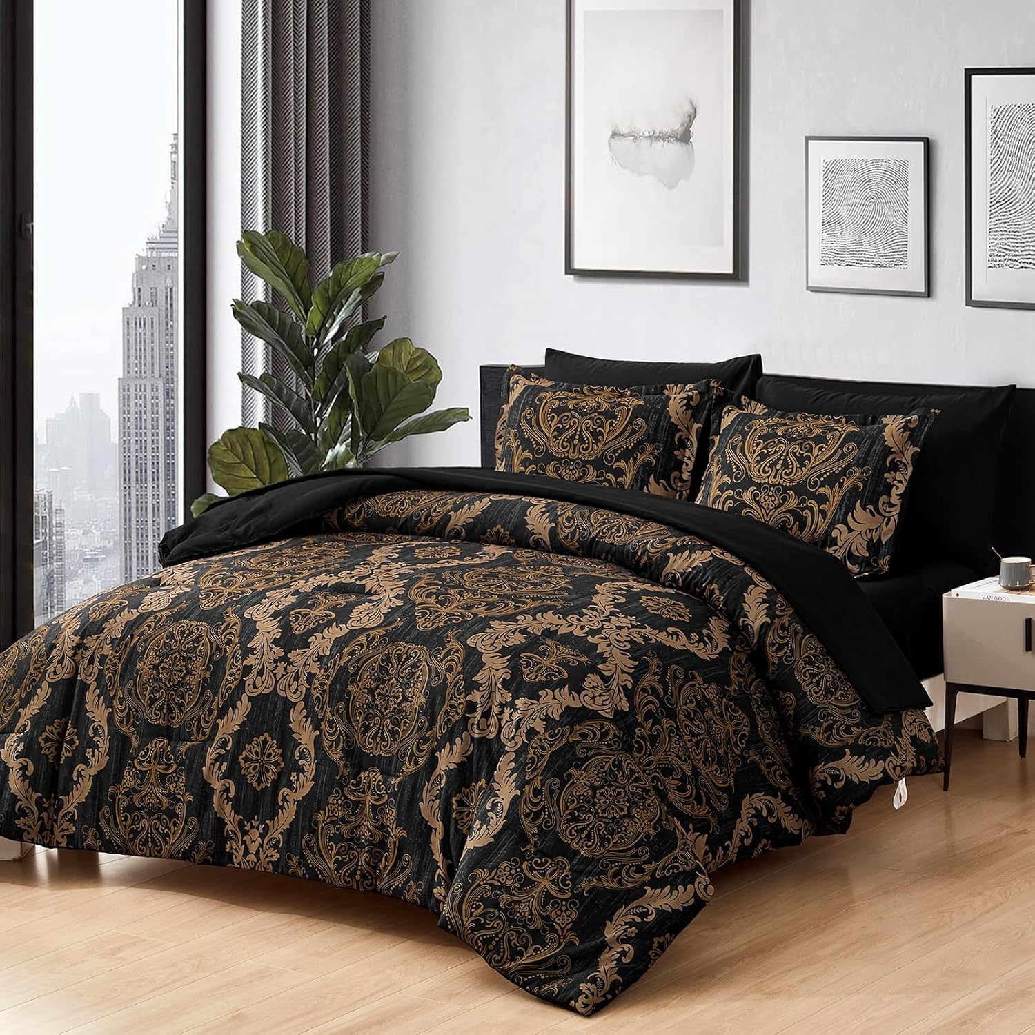WONGS BEDDING Black Comforter Set Queen Size, Gold Damask Texture 7 Pieces Bed in a Bag Microfiber Comforter Bedding Sets -1 Comforter, 1 Flat Sheet, 1 Fitted Sheet, 2 Pillow Shams, 2 Pillowcases - Image 2