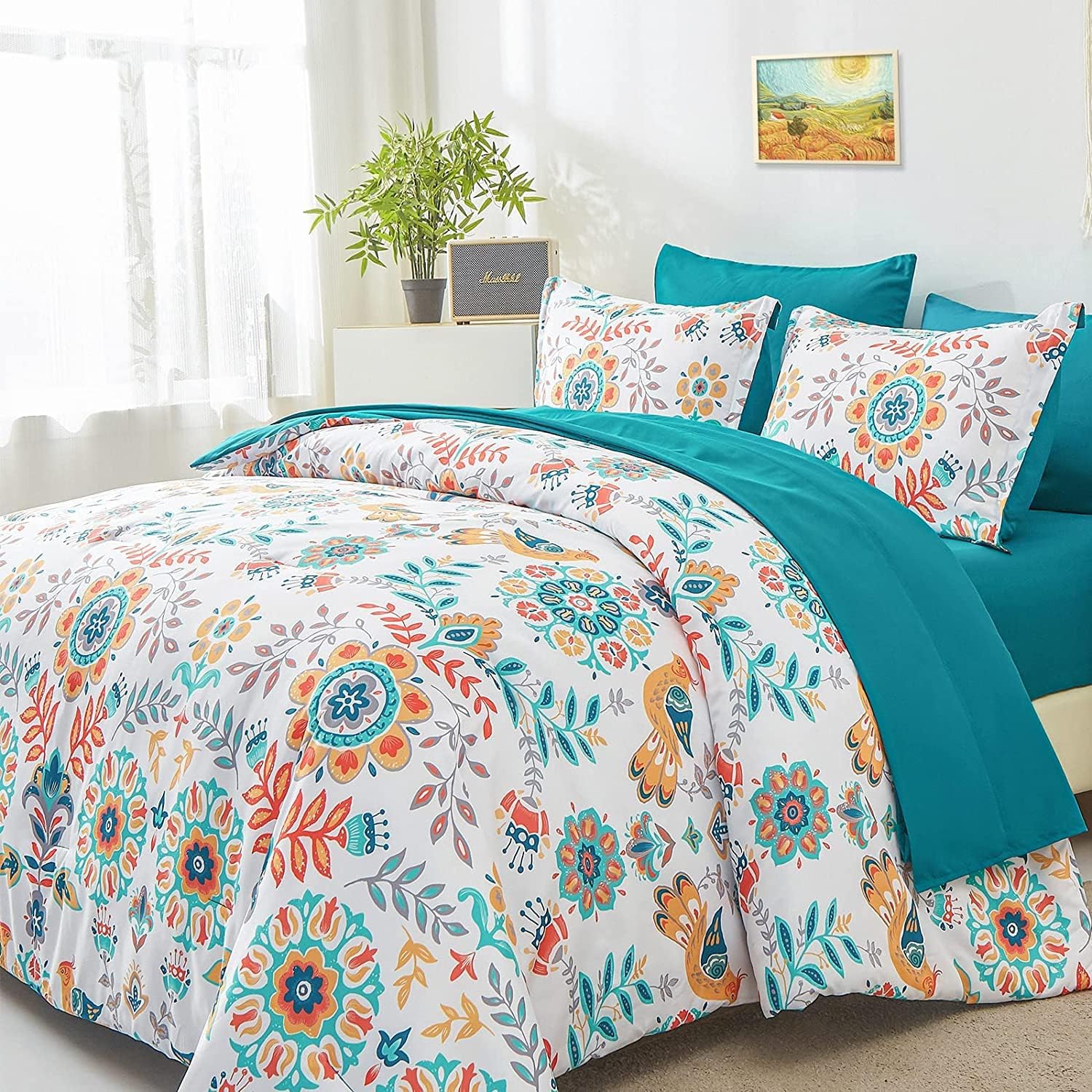 Boho Comforter Set Queen - 7 Pieces Bed in a Bag Floral Medallions Design, Bohemian Comforter Set with Sheets, Soft Microfiber Complete Bedding Sets All Season (Teal Blue, Queen) - Image 10