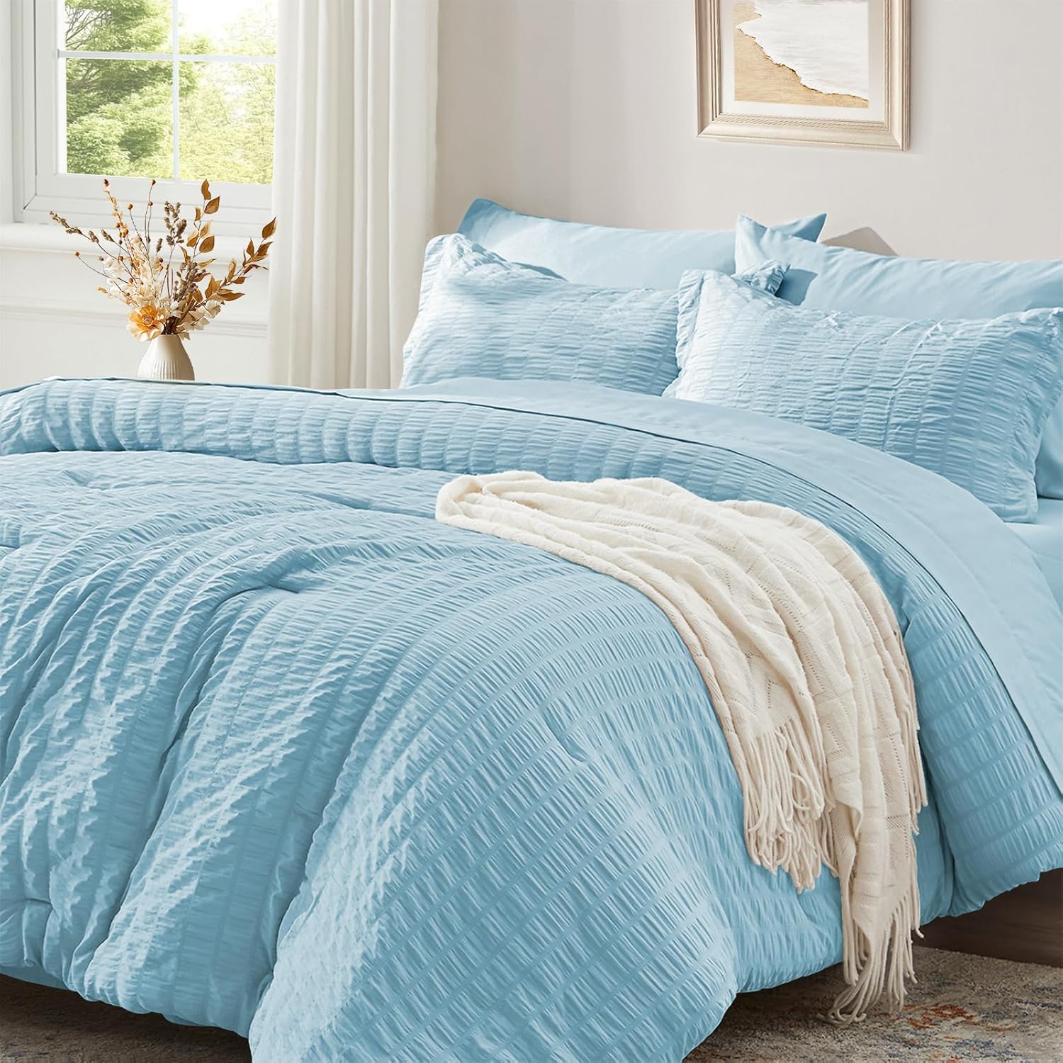 Zzlpp Queen Comforter Set 7 Pieces, Olive Green Seersucker Bed in a Bag with Comforter and Sheets, All Season Bedding Sets with 1 Comforter, 2 Pillow Shams, 2 Pillowcases, 1 Flat Sheet - Image 22