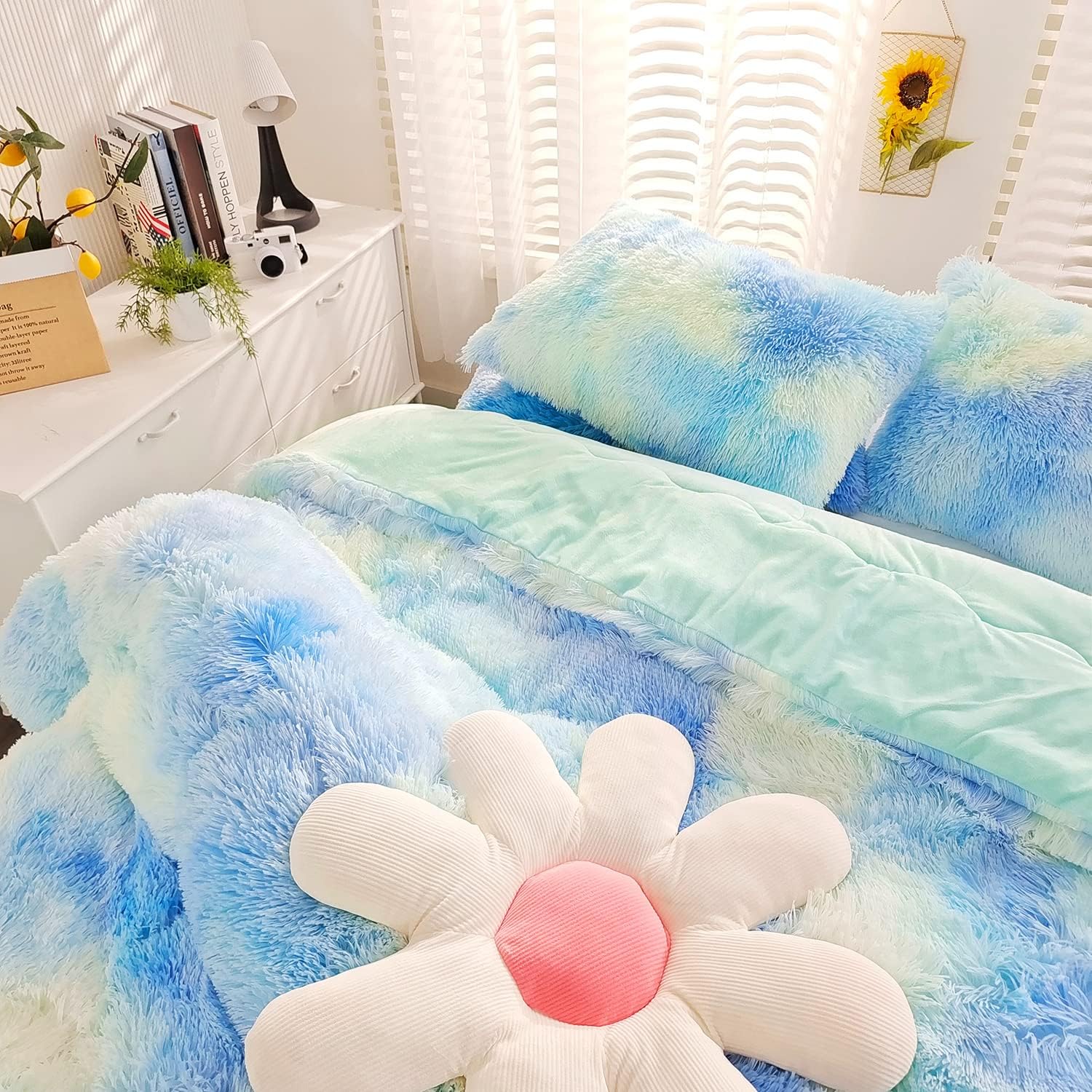 SUCSES Blue Purple Fluffy Twin Bedding Sets for Girls 3Pcs Faux Fur Plush Shaggy Kids Duvet Cover Set Twin Size Tie Dye Velvet Furry Comforter Cover Set - Image 8