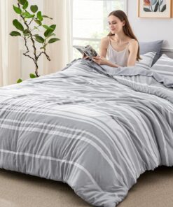 Bedsure Queen Comforter Set 7 Pieces, Grey Striped Bedding Set for All Seasons, Reversible, Cationic Dyeing Bed in a Bag with Comforter, Sheets, Pillowcases & Shams