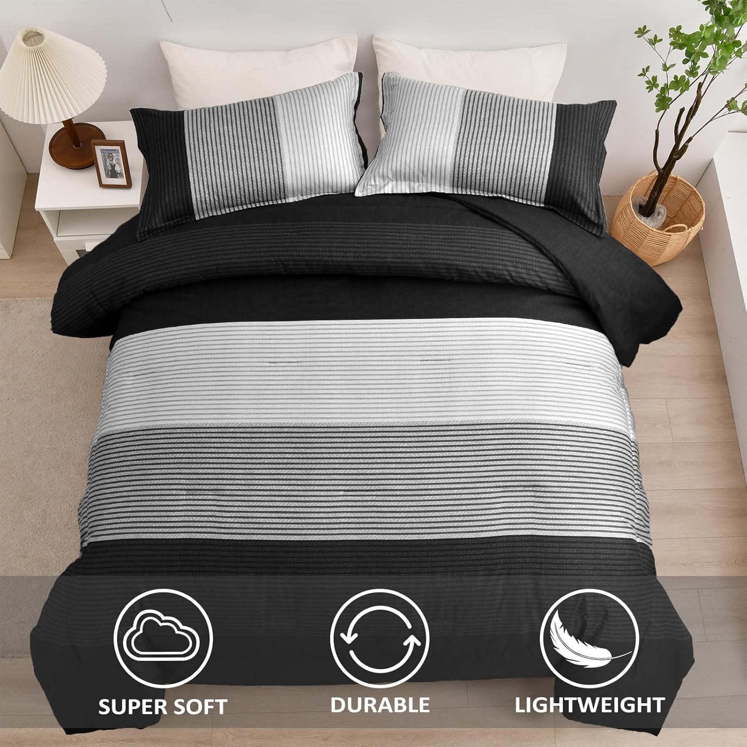 WONGS BEDDING Black Comforter Set Queen, Reversible Black Grey Stripe Down Alternative Comforter for All Season,3 Pieces(1 Patchwork Comforter+2 Pillowcases), Soft Microfiber Bedding Set 90"×90" - Image 3