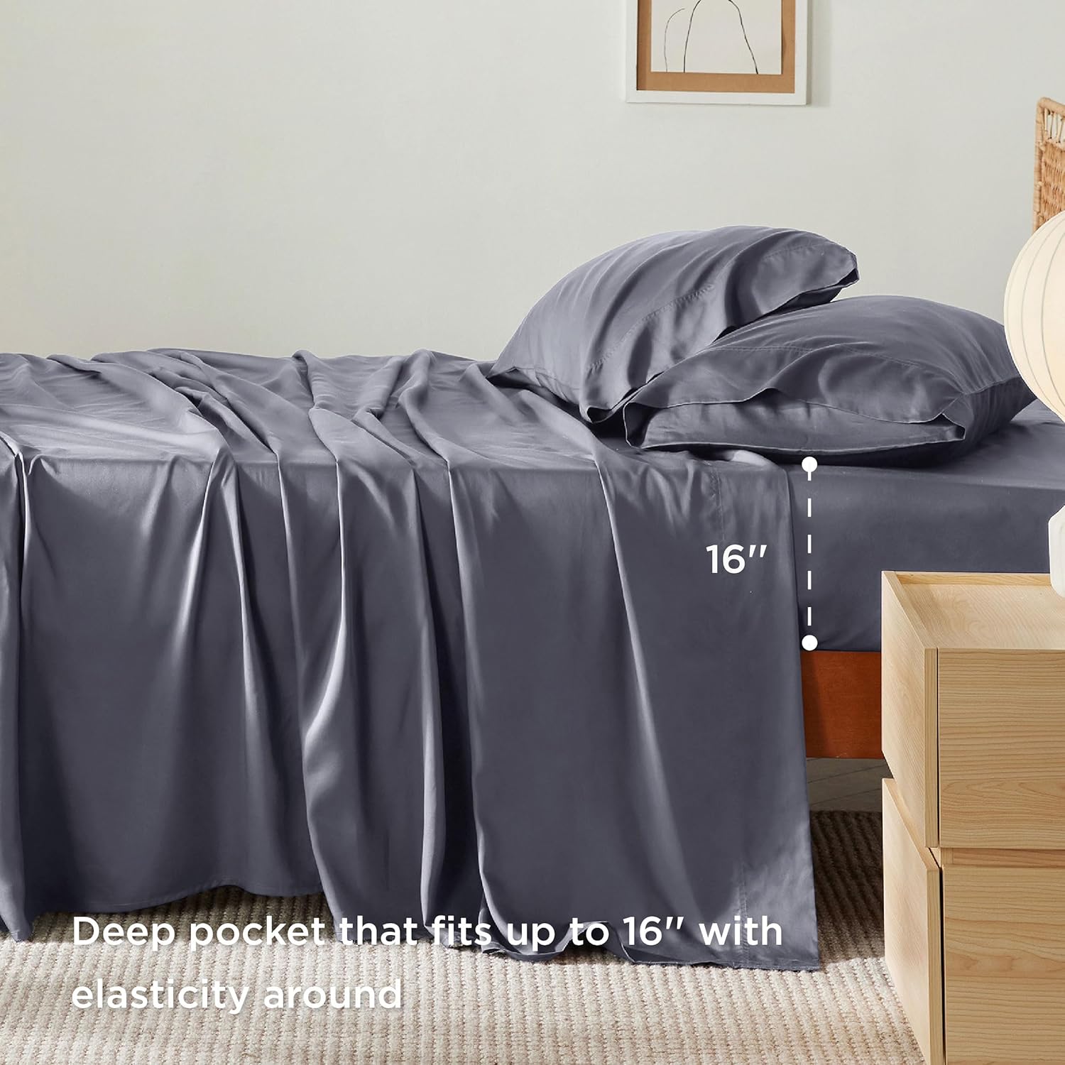 Bedsure King Size Sheets Set, Cooling Sheets for Hot Sleepers, Rayon Derived from Bamboo, Breathable & Soft, Deep Pocket Up to 16 Inches, Hotel Luxury Silky Bedding, Dark Grey - Image 5