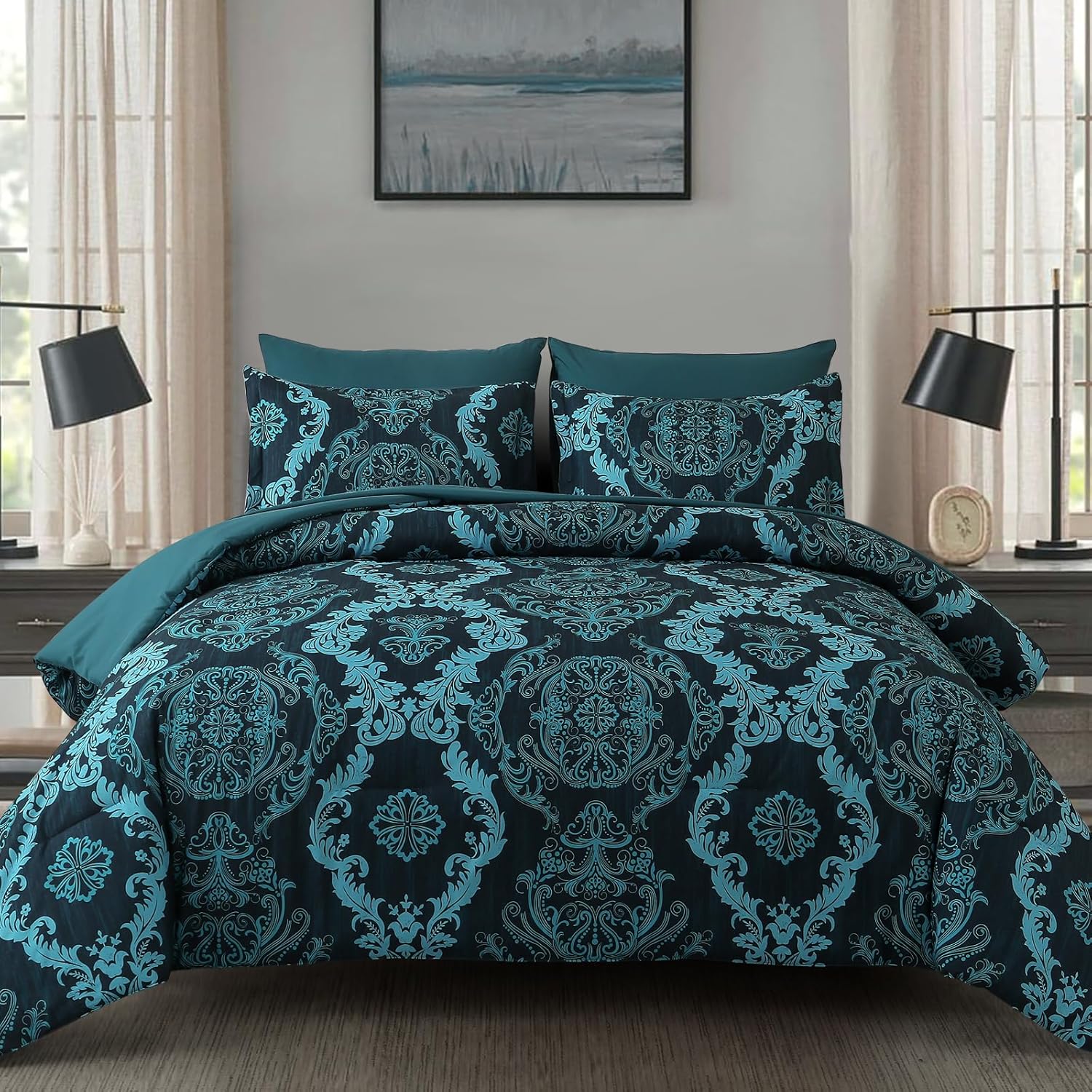 WONGS BEDDING Black Comforter Set Queen Size, Gold Damask Texture 7 Pieces Bed in a Bag Microfiber Comforter Bedding Sets -1 Comforter, 1 Flat Sheet, 1 Fitted Sheet, 2 Pillow Shams, 2 Pillowcases - Image 19