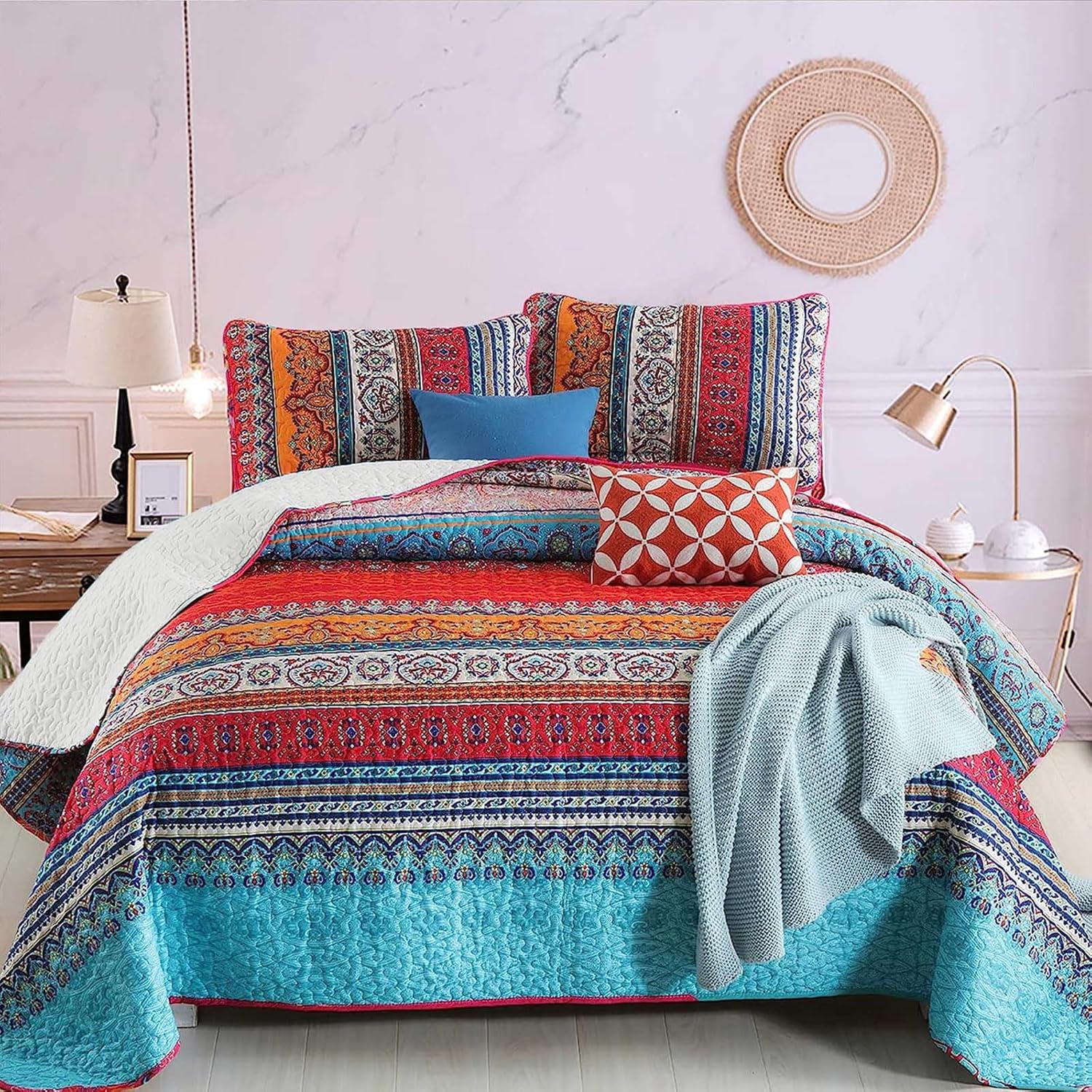 WONGS BEDDING Bohemian Quilt Set King Size, Boho Striped Printed Bedding Bedspread Coverlet Set for All Season, Lightweight Microfiber Quilts with 2 Pillowcases 104"x90" (3 Pieces, Colorful) - Image 9
