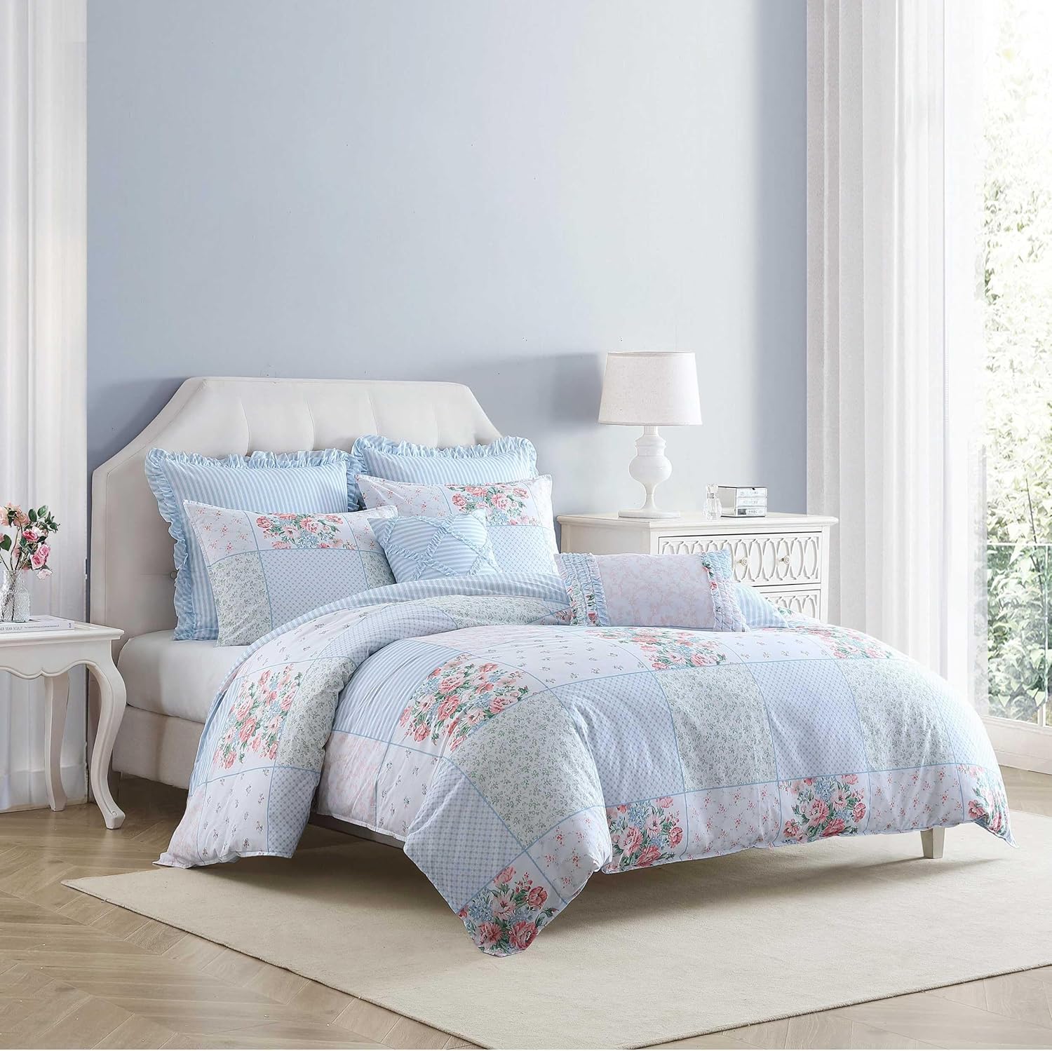 Laura Ashley - Queen Comforter Set, Soft Cotton Bedding with a Medium Weight for Year Round, 7 Piece Bed Set with Matching Pillowcases, Euro Shams & Bonus Throw Pillow Covers (Hope Patchwork Blue) - Image 2