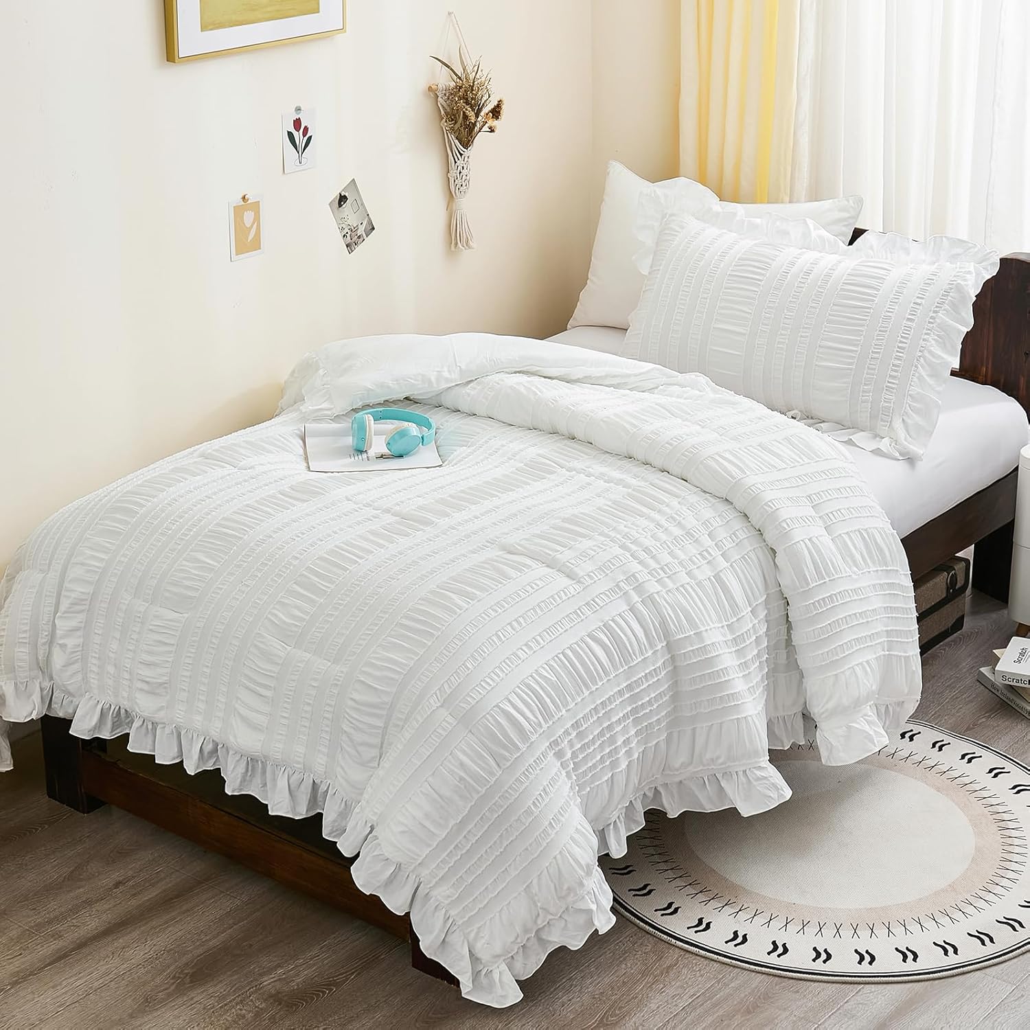 WONGS BEDDING White Queen Comforter Set,Boho Ruffle Comforter for Queen Bed,Soft Seersucker Shabby Chic Bedding Set with 1 Comforter,2 Tufted Pillowcases 90"×90" - Image 8