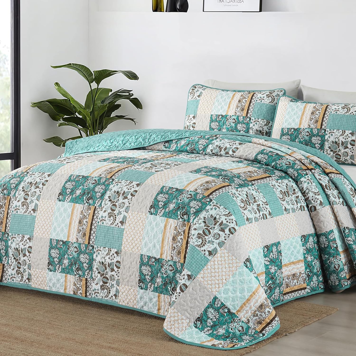 WONGS BEDDING Green Quilt Set King Size,Green Patchwork Plaid Printed Bedspread Coverlet Set,3 Pieces Summer Soft Microfiber Boho Bedding Set with 1 Quilt 2 Pillowcases - Image 14