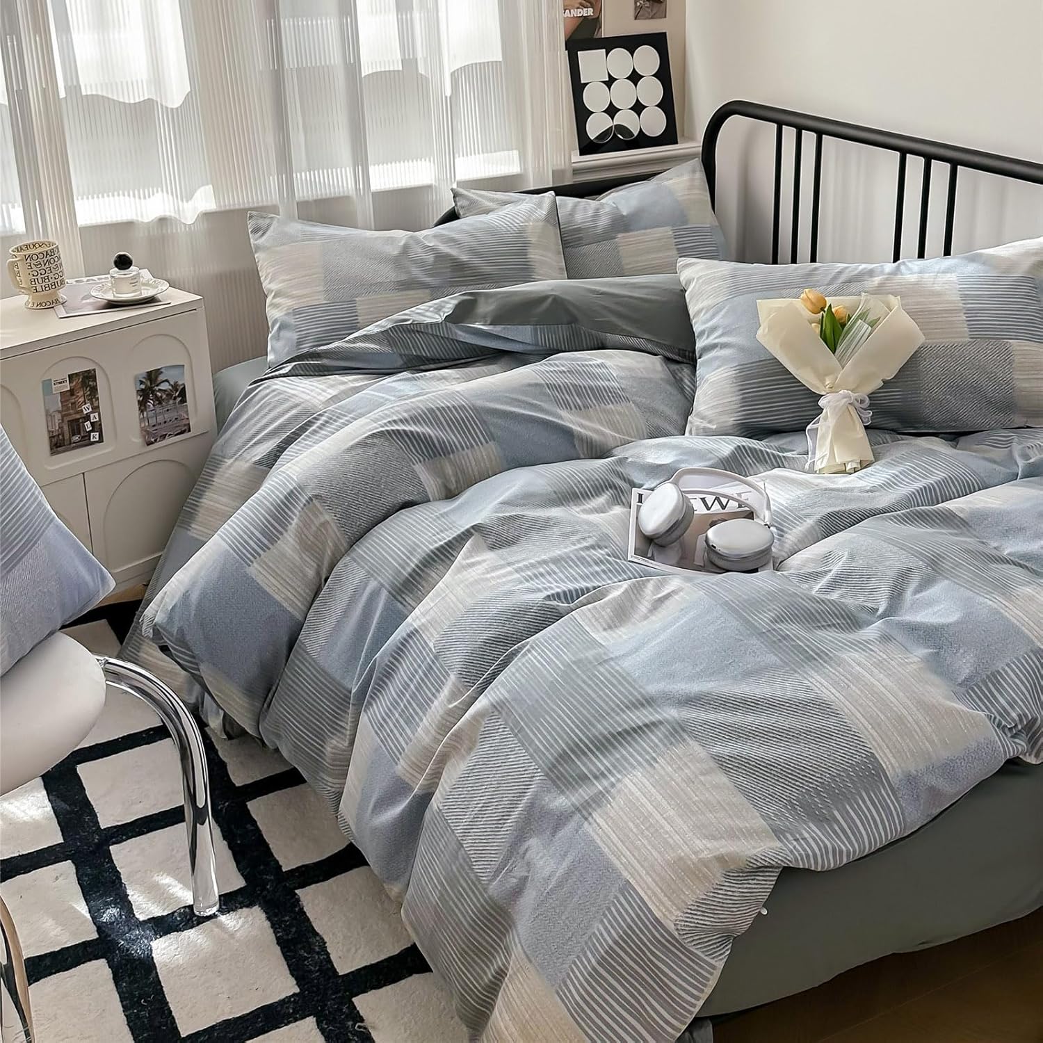 LifeTB Queen Comforter Set Tan Gingham Comforter Modern Style Beige Plaid Comforter Set 3 Pieces Fluffy Grid Checkered Comforter with 2 Pillowcases Boho Gingham Bedding Set Queen Size - Image 49