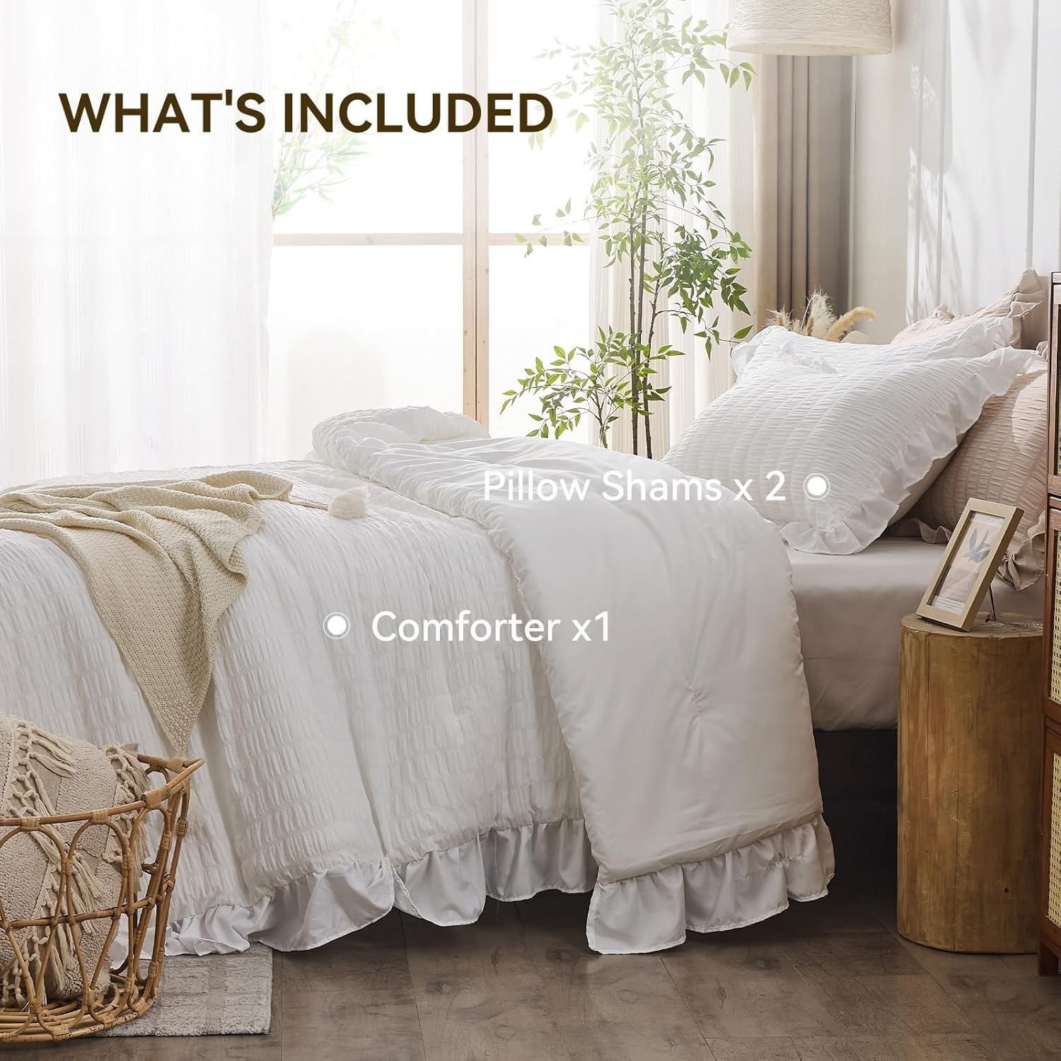 JOLLYVOGUE Queen Comforter Set, 3 Pieces White Seersucker Comforters Queen Size, Lightweight & Fluffy Bedding Sets Queen for All Season with 1 Ruffle Comforter and 2 Ruffle Pillowshams - Image 5