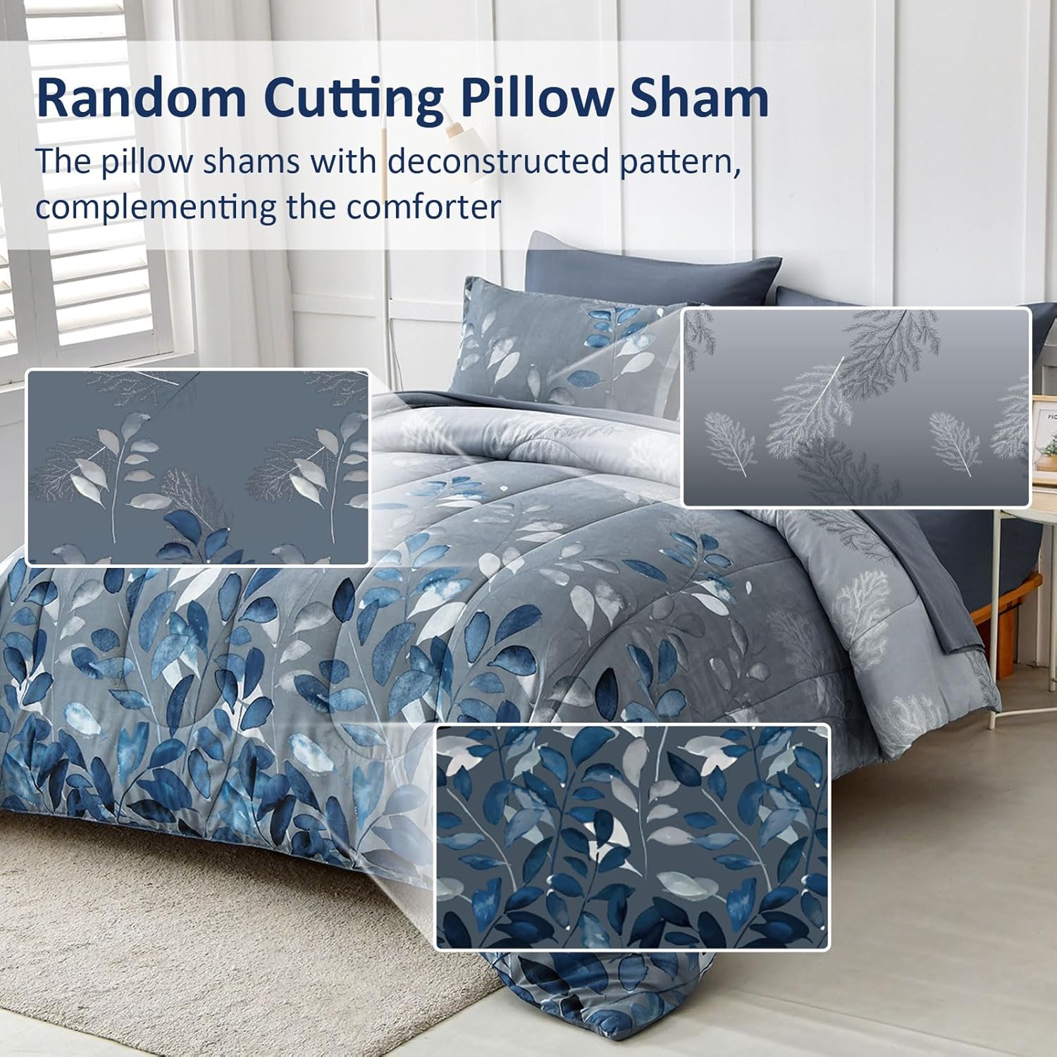 Blue Floral Comforter Set Queen Size 7 Piece Navy Botanical Gradient Leaves Ultra Soft Microfiber Down Alternative Bedding Set Lightweight Reversible Boho Bed Comforter Set for All Season 90" x 90" - Image 4