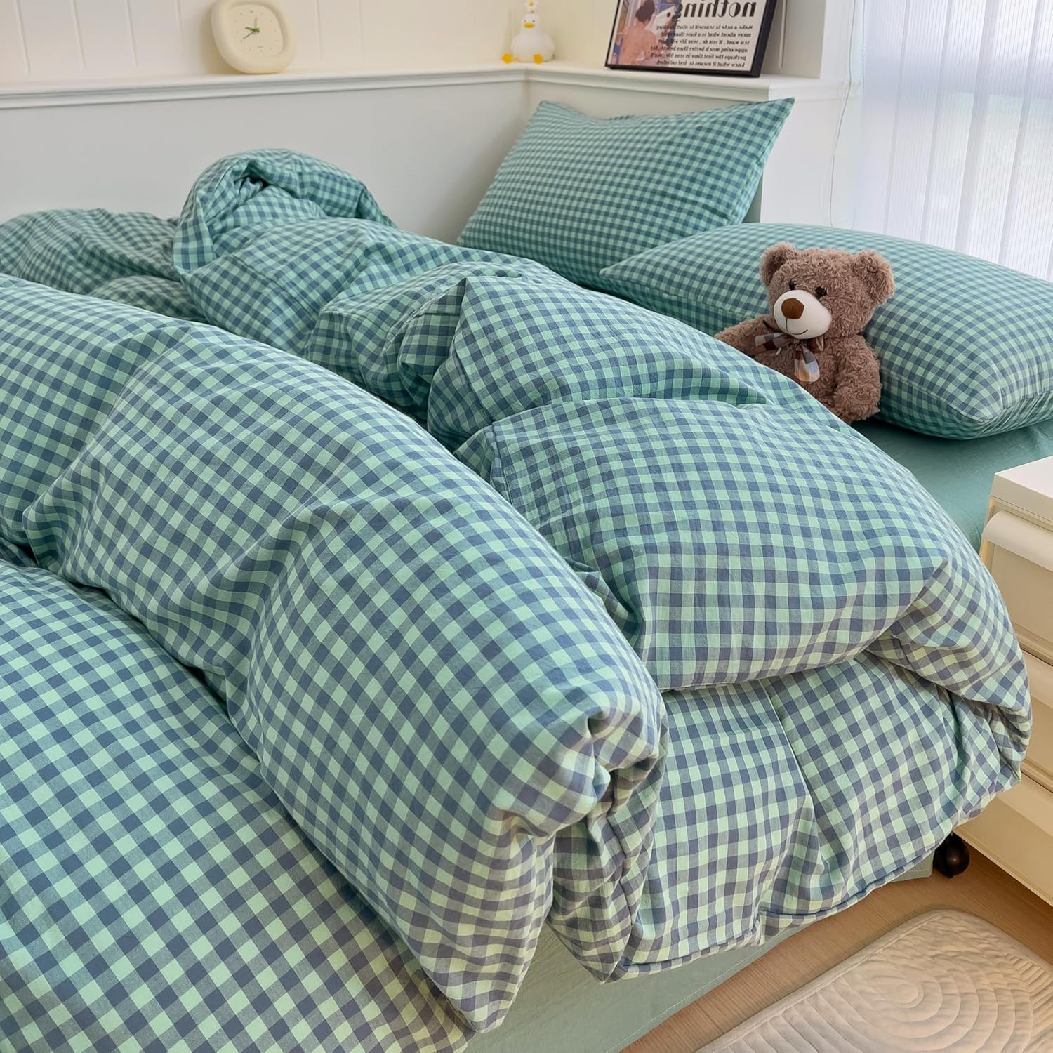 LifeTB Queen Comforter Set Tan Gingham Comforter Modern Style Beige Plaid Comforter Set 3 Pieces Fluffy Grid Checkered Comforter with 2 Pillowcases Boho Gingham Bedding Set Queen Size - Image 23