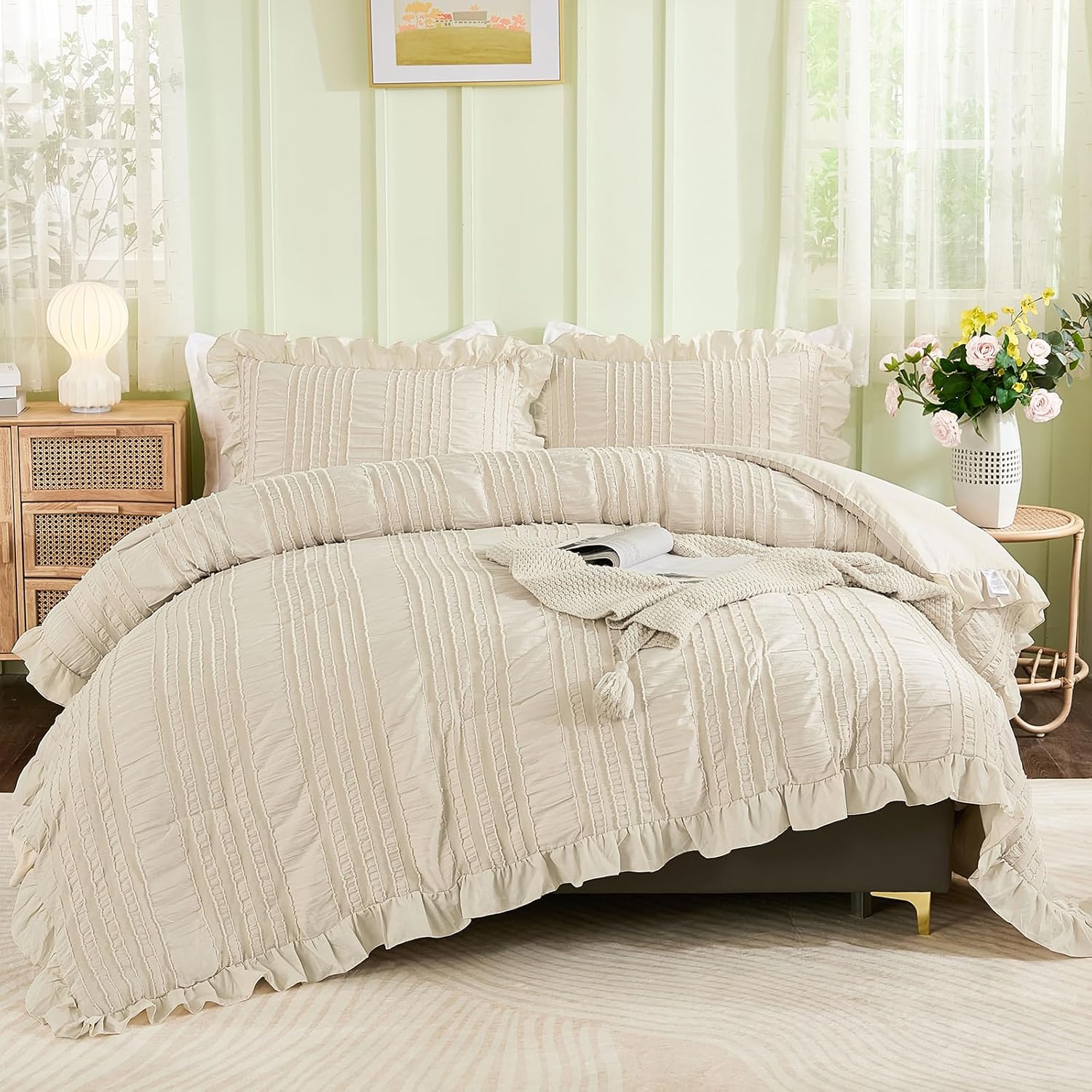 WONGS BEDDING Beige Ruffle Queen Comforter,Boho Shabby Chic Bedding for Queen Bed,Soft Seersucker Farmhouse Bedding Set with 1 Ruffled Comforter,2 Tufted Pillowcases 90"×90" - Image 4