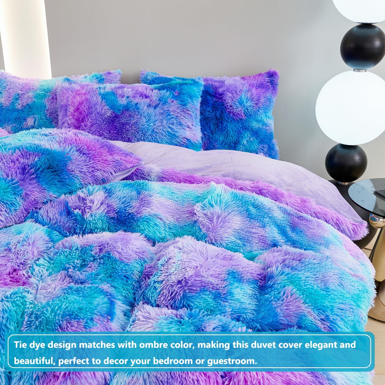 SUCSES Blue Purple Fluffy Twin Bedding Sets for Girls 3Pcs Faux Fur Plush Shaggy Kids Duvet Cover Set Twin Size Tie Dye Velvet Furry Comforter Cover Set - Image 4