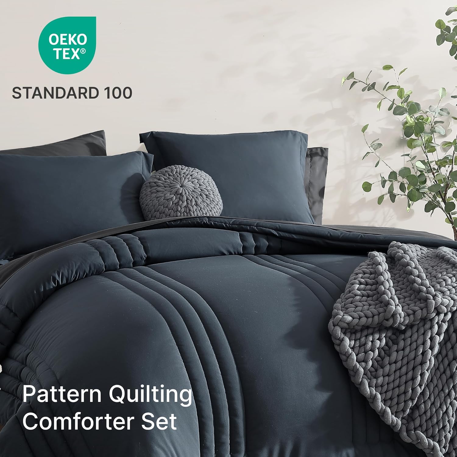 Monbix Queen Comforter Set - 7 Pieces Blue Gray Bed in a Bag Queen Bedding Sets with Comforters, All Seasons Comforter Bed Set with Sheets,Pillowcases & Shams - Image 4