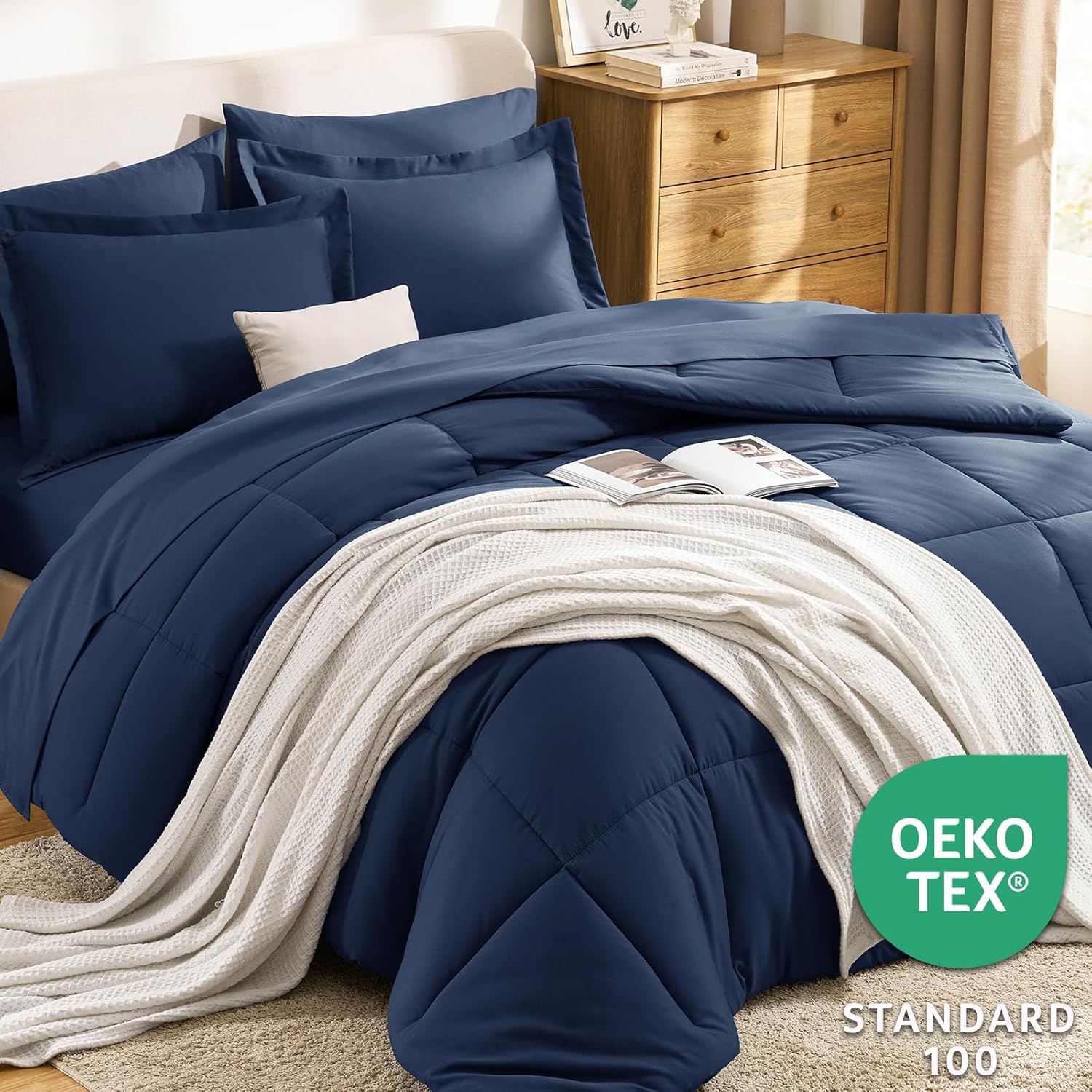 CozyLux Navy Blue Queen Comforter Set with Sheets - 7 Pieces Bed in a Bag Queen Bedding Sets, All Season Soft 7PC Bed Set with Navy Comforter, Flat Sheet, Fitted Sheet, Pillowcases & Pillow Shams - Image 3