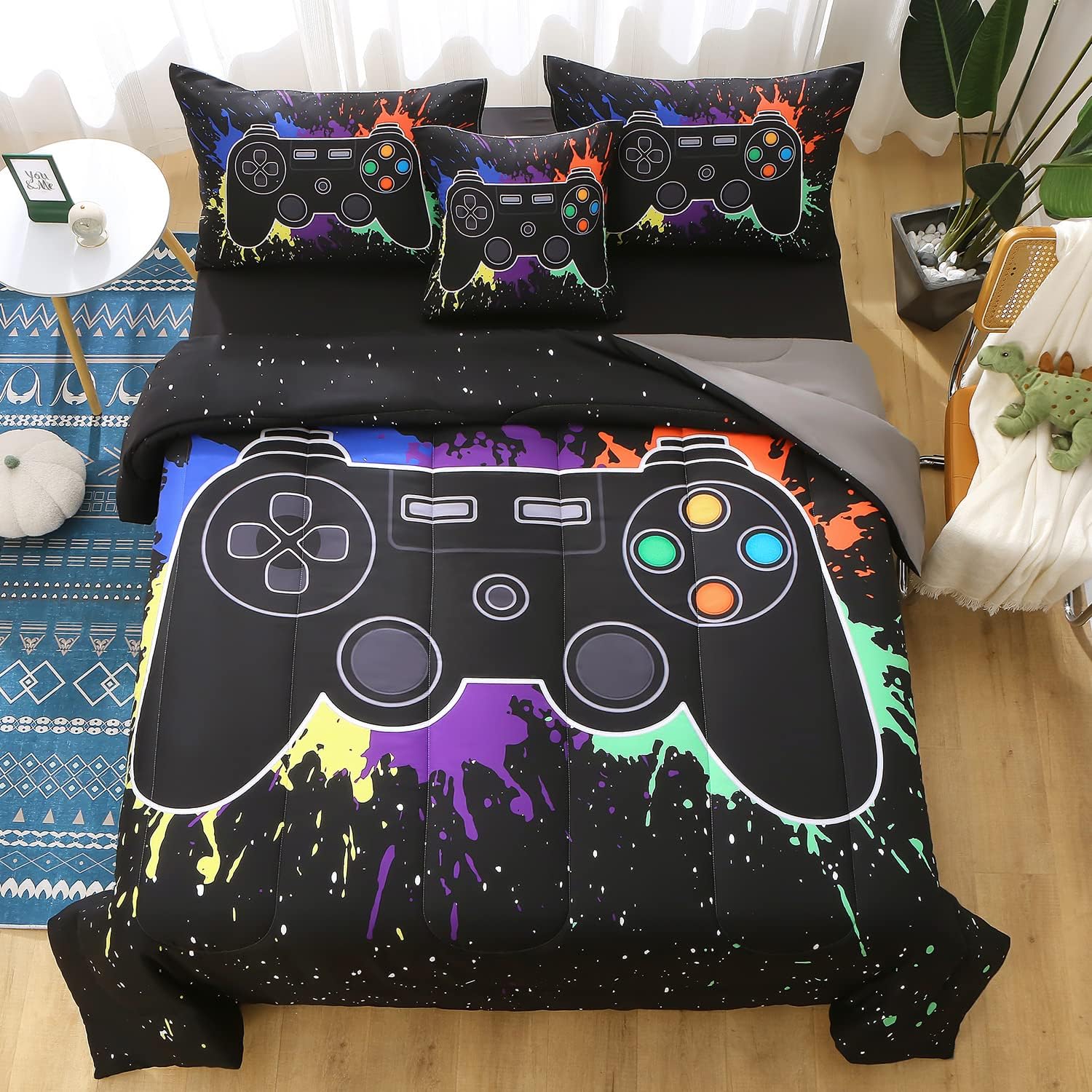 JQinHome Twin Gamer Comforter Sets for Boys&Girls ,6 Piece Bed in A Bag 3D Video Game Bedding -All Season Microfiber Gamer Bedding Sets for Kids, with Pillowcase, Flat & Fitted Sheet,Cushion Cover - Image 3