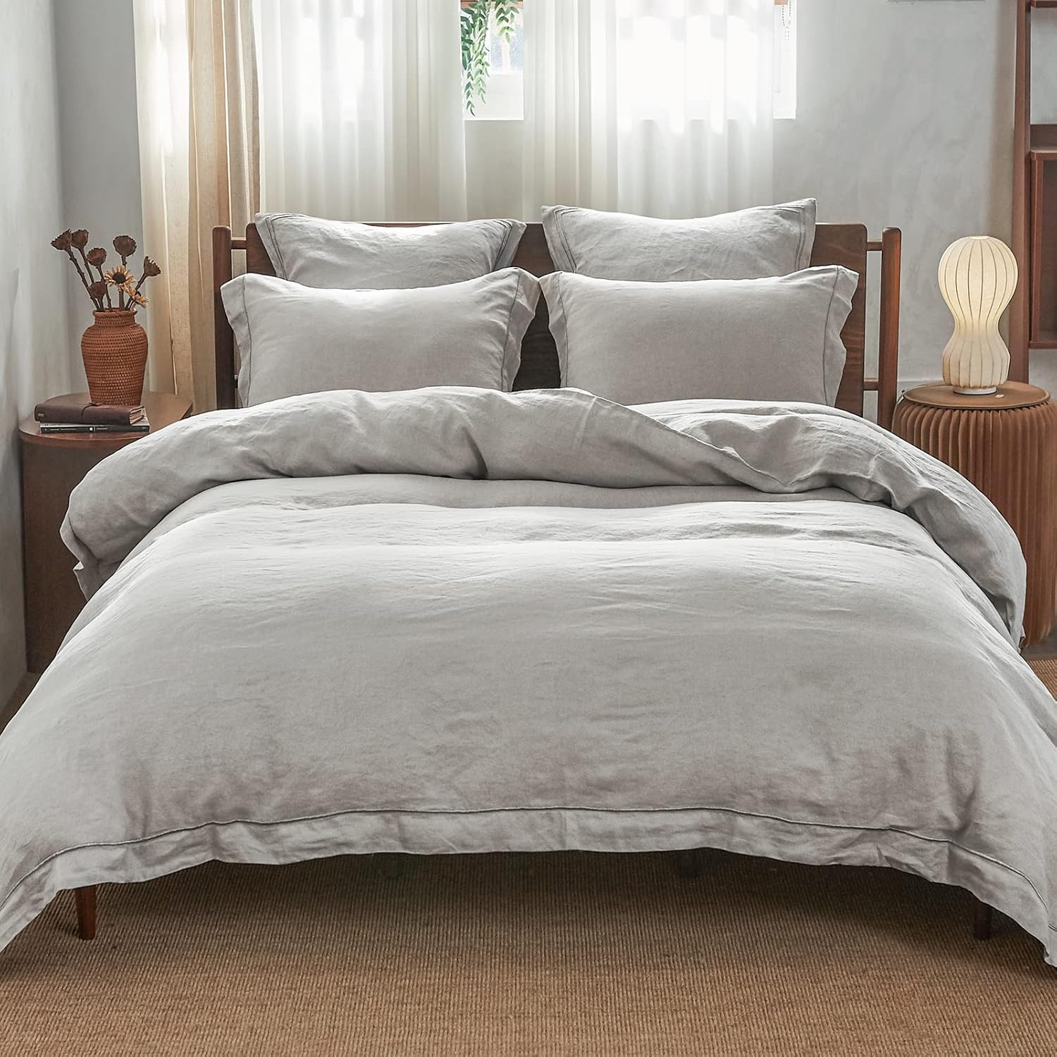 Simple&Opulence 100% Linen Duvet Cover Set with Embroidery Washed - 3 Pieces (1 Duvet Cover with 2 Pillow Shams) with Button Closure Soft Breathable Farmhouse - Linen, King Size - Image 9