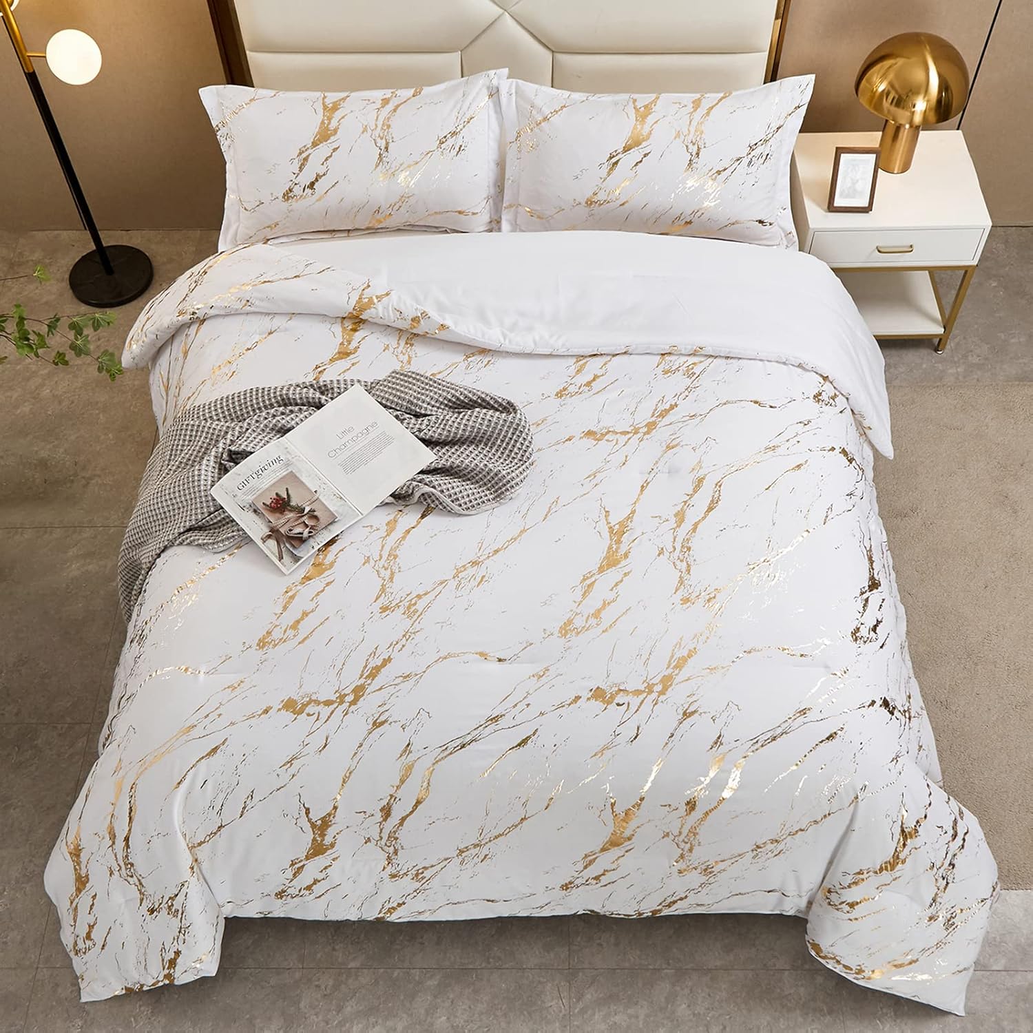 WONGS BEDDING White Gold Metallic Marble Comforter Set Queen Foil Print Glitter Bedding Sets with 2 Pillowcases for All Seasons, Soft Microfiber Filling Bedding Duvet Set 90"x90" - Image 5