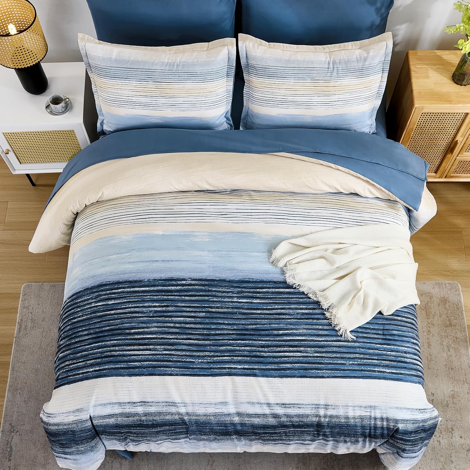 WONGS BEDDING Blue Comforter Set King Size, 7 Pieces King Bed in a Bag for All Season, Soft and Breathable Striped Bedding Set with Boho Comforter, Flat Sheet, Fitted Sheet, Pillowcases & Shams - Image 3