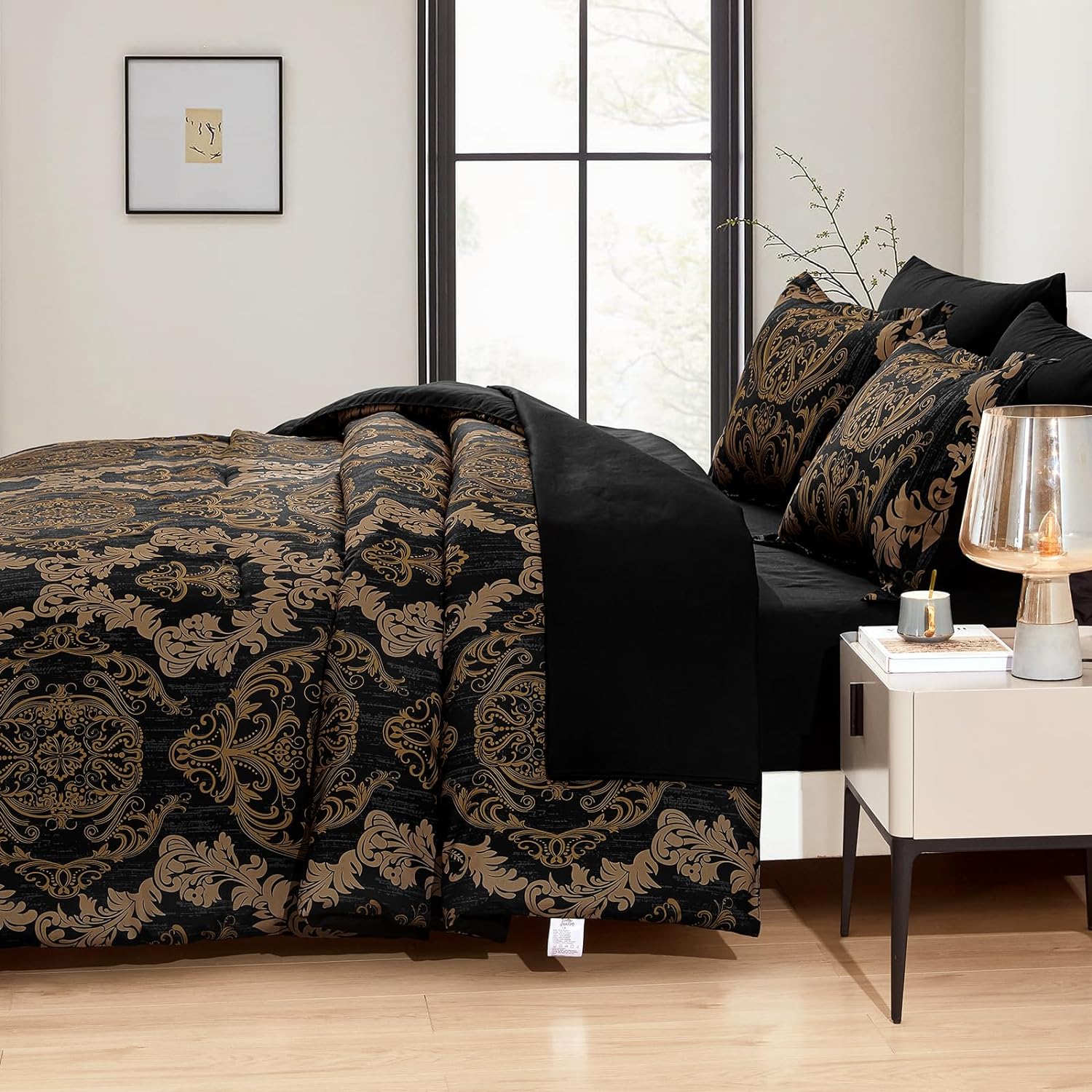 WONGS BEDDING Black Comforter Set Queen Size, Gold Damask Texture 7 Pieces Bed in a Bag Microfiber Comforter Bedding Sets -1 Comforter, 1 Flat Sheet, 1 Fitted Sheet, 2 Pillow Shams, 2 Pillowcases - Image 3
