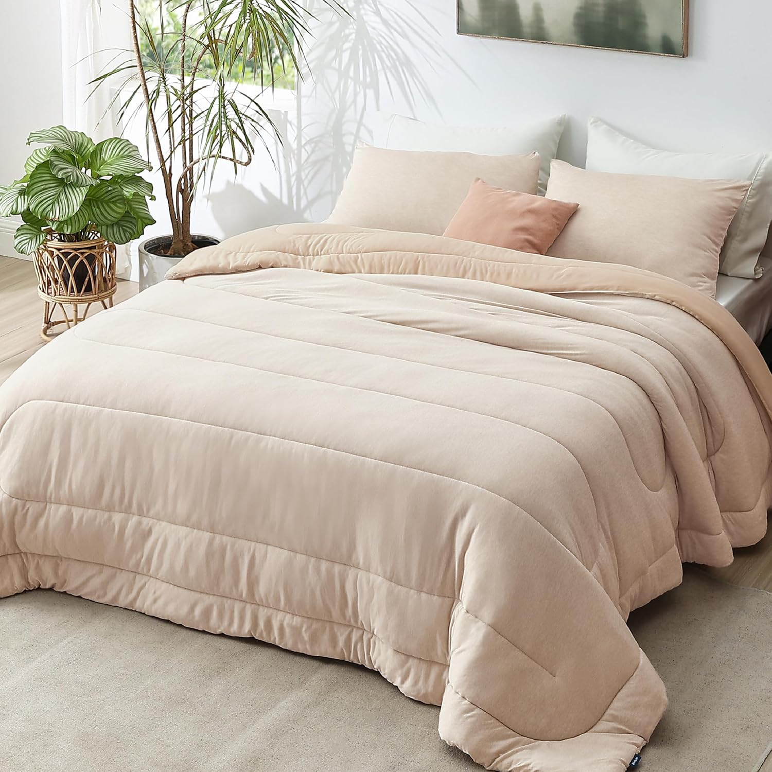 Bedsure Queen Comforter Set - Beige Soft Bedding for All Seasons, Cationic Dyed Bed Set, 3 Pieces, 1 Queen Size Comforter (90"x90") and 2 Pillow Shams (20"x26"+2") - Image 41