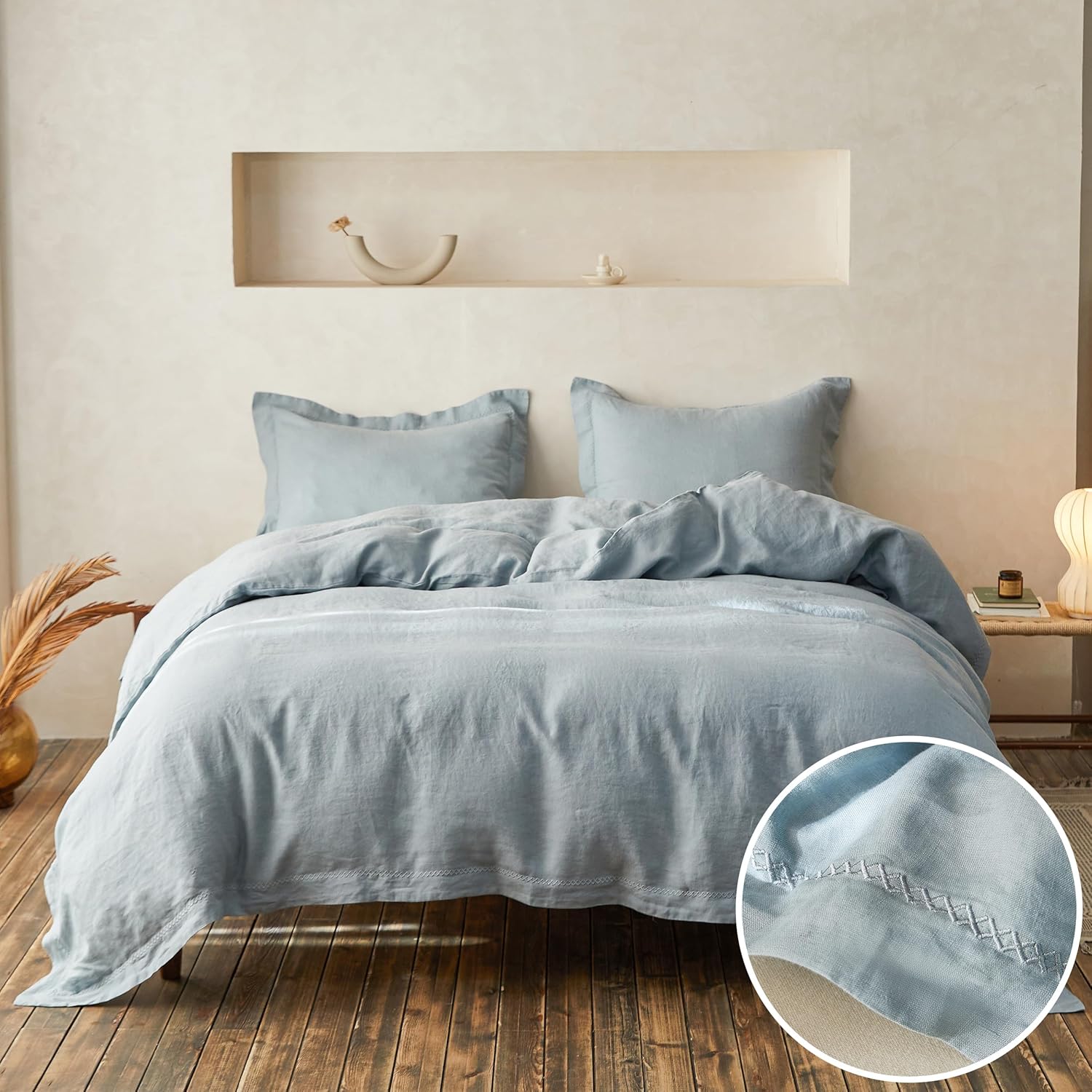 Simple&Opulence 100% Linen Duvet Cover Set with Embroidery Washed - 3 Pieces (1 Duvet Cover with 2 Pillow Shams) with Button Closure Soft Breathable Farmhouse - Linen, King Size - Image 13