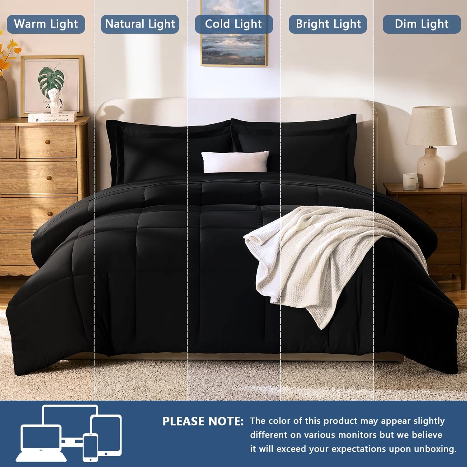 CozyLux Queen Comforter Set Black - 7 Pieces Bed in a Bag Queen, All Season Soft Bedding Set, Oeko-Tex Certified Reversible Bed Set with Down Alternative Comforter, Sheets, Pillowcases & Pillow Shams - Image 5