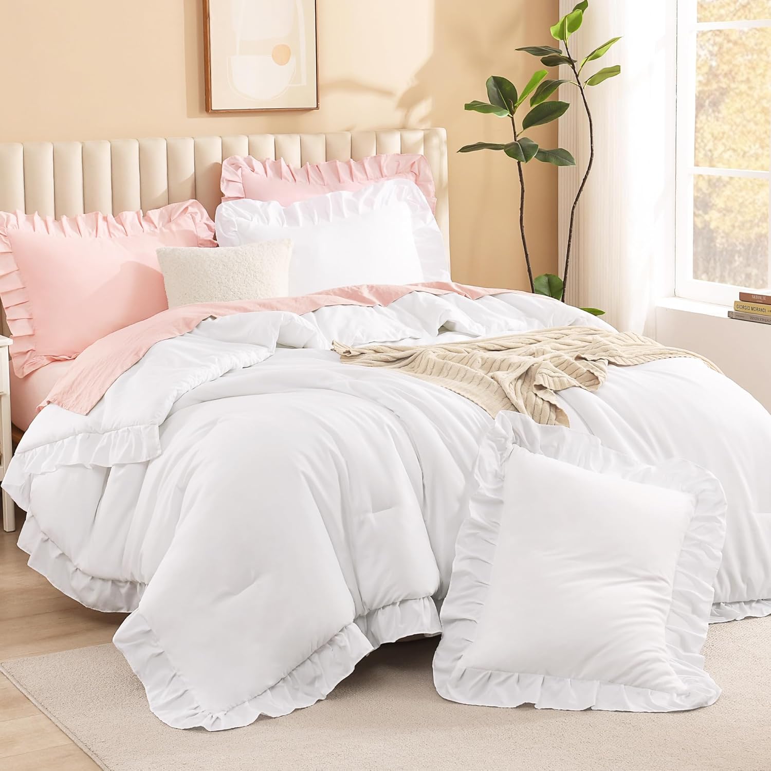 Litanika Full Size Comforter Sets, 3 Pieces Blush Pink Ruffle Girls Women Cute Bedding Comforters & Sets, Lightweight Fluffy Microfiber as Gift (79x90In Comforter & 2 Pillowcases) - Image 8