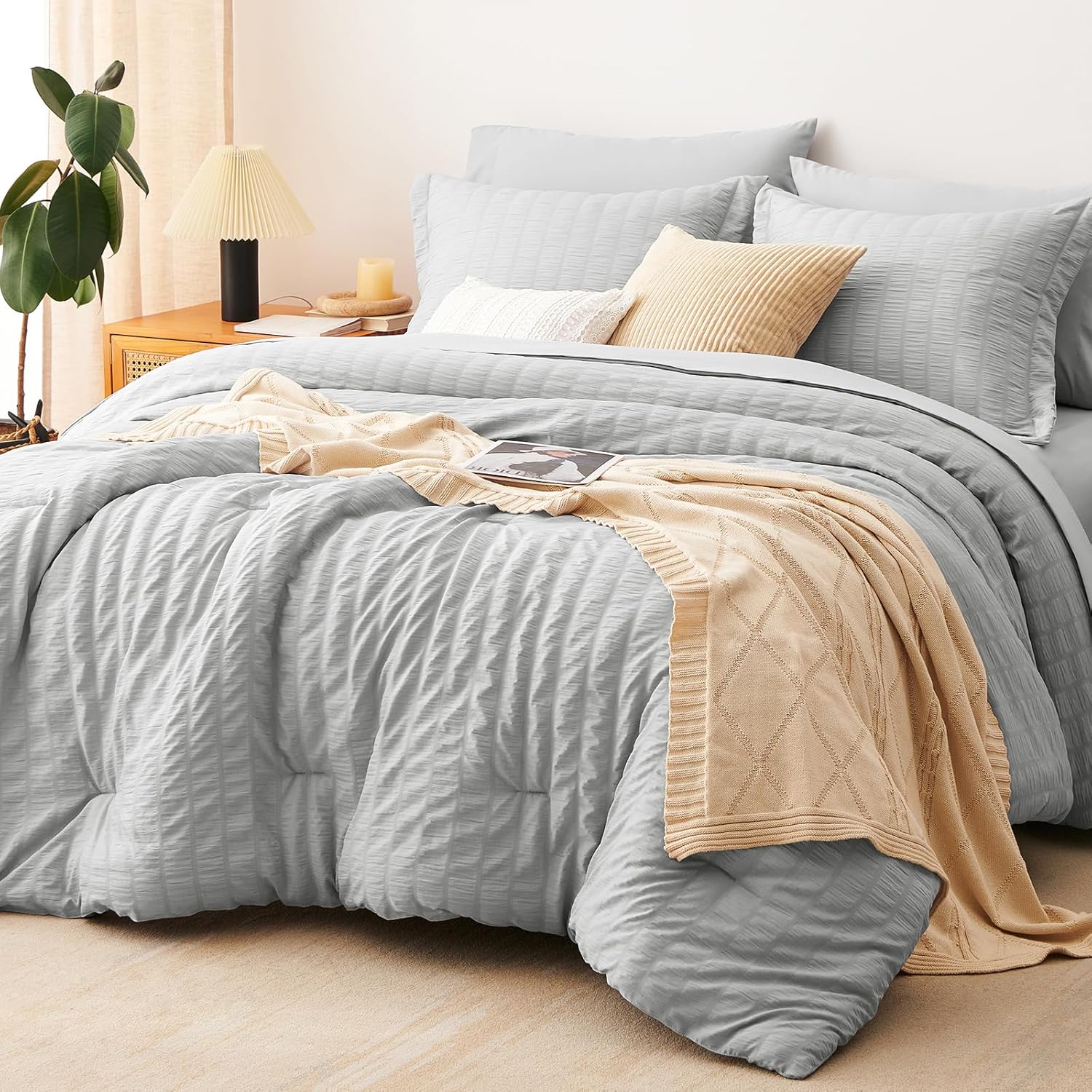 CozyLux Queen Comforter Set White Seersucker 7 Pieces Bed in a Bag Queen Comforter Set with Sheets, Luxury Soft Bedding Set with Down Alternative Comforter, Sheets, Pillowcases & Shams for All Seasons - Image 21