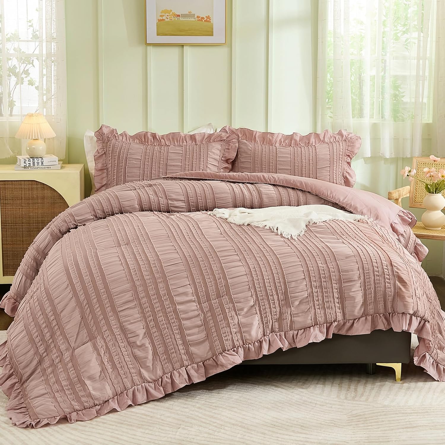 WONGS BEDDING Beige Ruffle Queen Comforter,Boho Shabby Chic Bedding for Queen Bed,Soft Seersucker Farmhouse Bedding Set with 1 Ruffled Comforter,2 Tufted Pillowcases 90"×90" - Image 17
