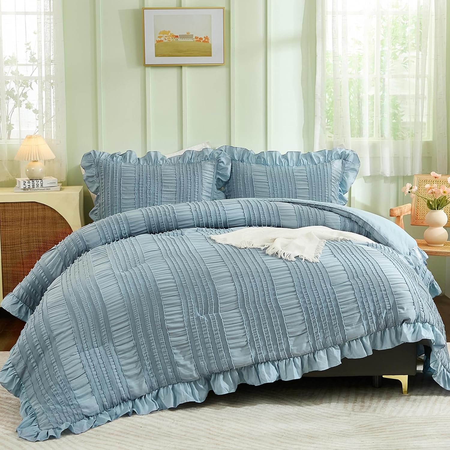 WONGS BEDDING Beige Ruffle Queen Comforter,Boho Shabby Chic Bedding for Queen Bed,Soft Seersucker Farmhouse Bedding Set with 1 Ruffled Comforter,2 Tufted Pillowcases 90"×90" - Image 21