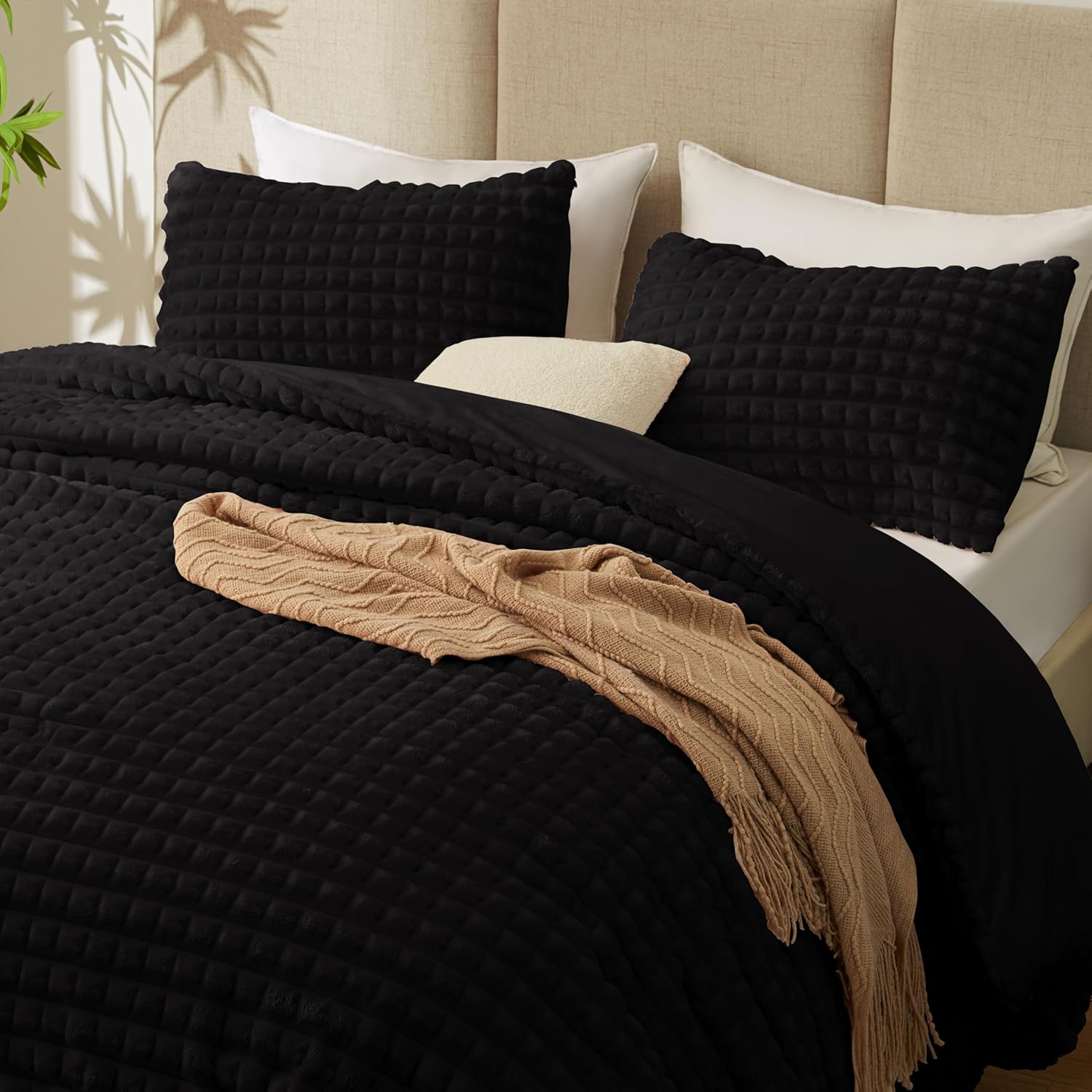 EXQ Home Fluffy Comforter Set Queen Size - Super Soft Faux Fur Stripe Jacquard Comforter 3 Pieces, Black Fleece Bedding Set,Winter Warm Bed Set,1 Comforter with 2 Pillowcases - Image 13