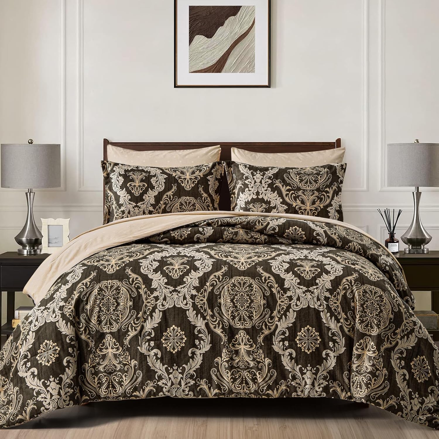 WONGS BEDDING Black Comforter Set Queen Size, Gold Damask Texture 7 Pieces Bed in a Bag Microfiber Comforter Bedding Sets -1 Comforter, 1 Flat Sheet, 1 Fitted Sheet, 2 Pillow Shams, 2 Pillowcases - Image 12