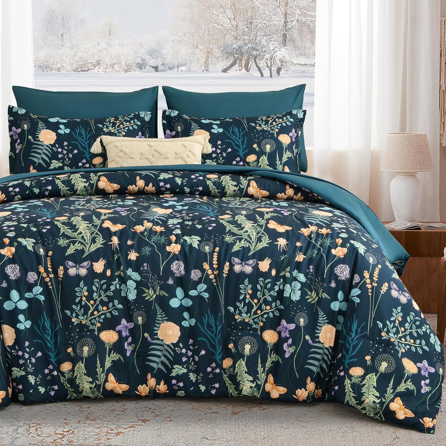 Yiran Queen Comforter Set 7 Piece, Dark Green Floral Bedding Set, Bed in a Bag Queen with Botanical Flowers Patterns, Soft Microfiber Complete Bedding Set with Sheets for All Season - Image 17
